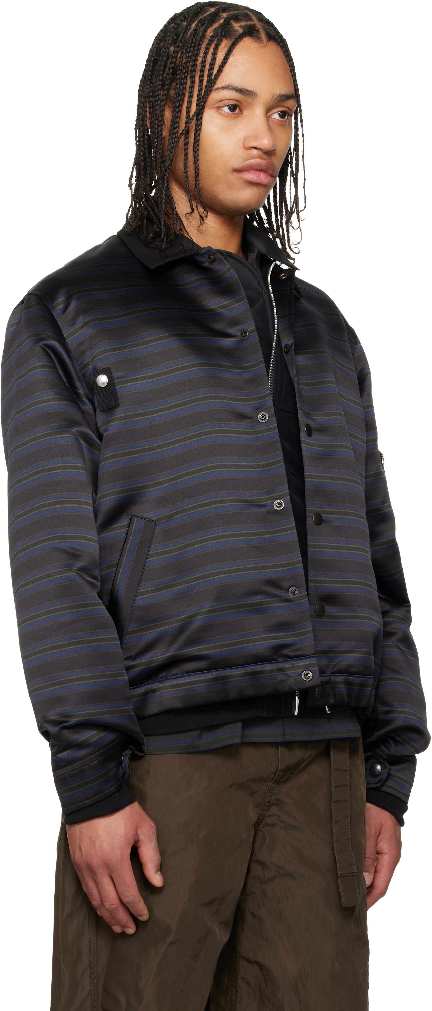 sacai 人気MA-1 ブルゾン ネイビー　プロフ必読！ sacai: ネイビー ホリゾンタルストライプ ブルゾンジャケット | SSENSE