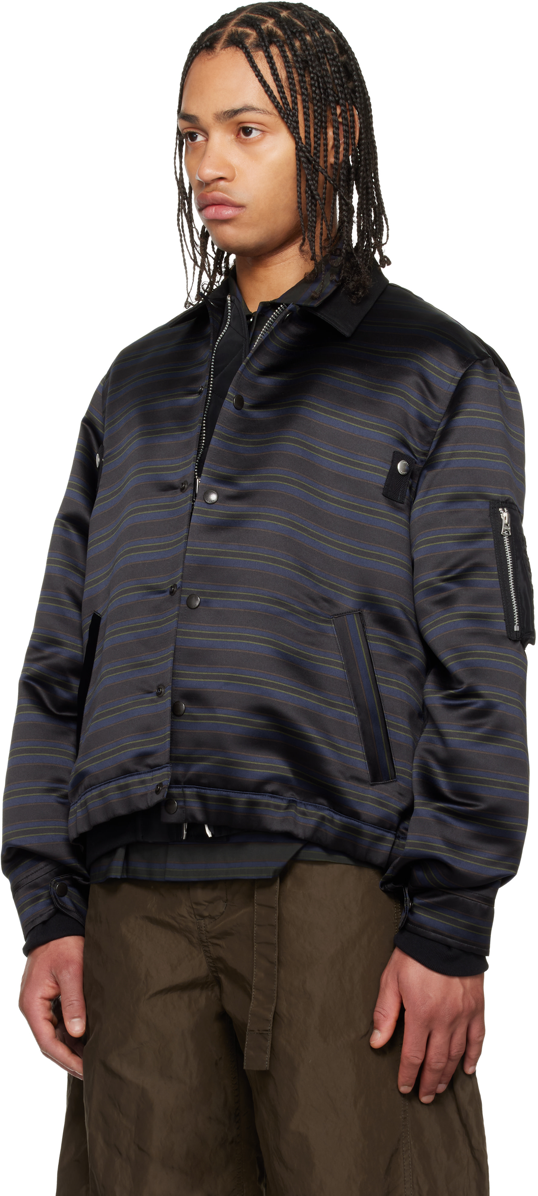 sacai: ネイビー ホリゾンタルストライプ ブルゾンジャケット | SSENSE