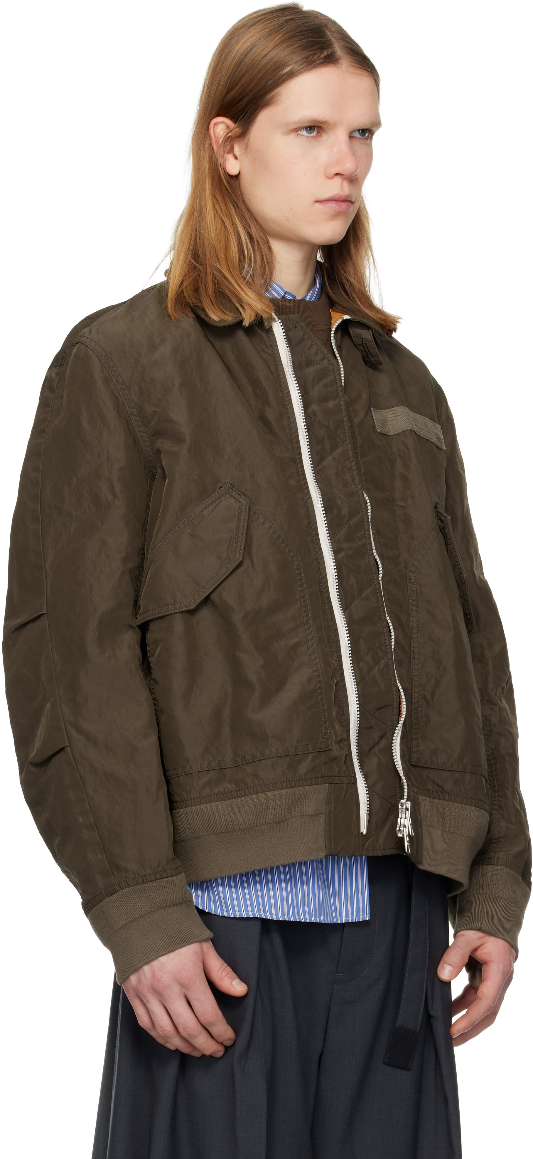 sacai: カーキ Treated Nylon Twill ボンバージャケット | SSENSE 日本