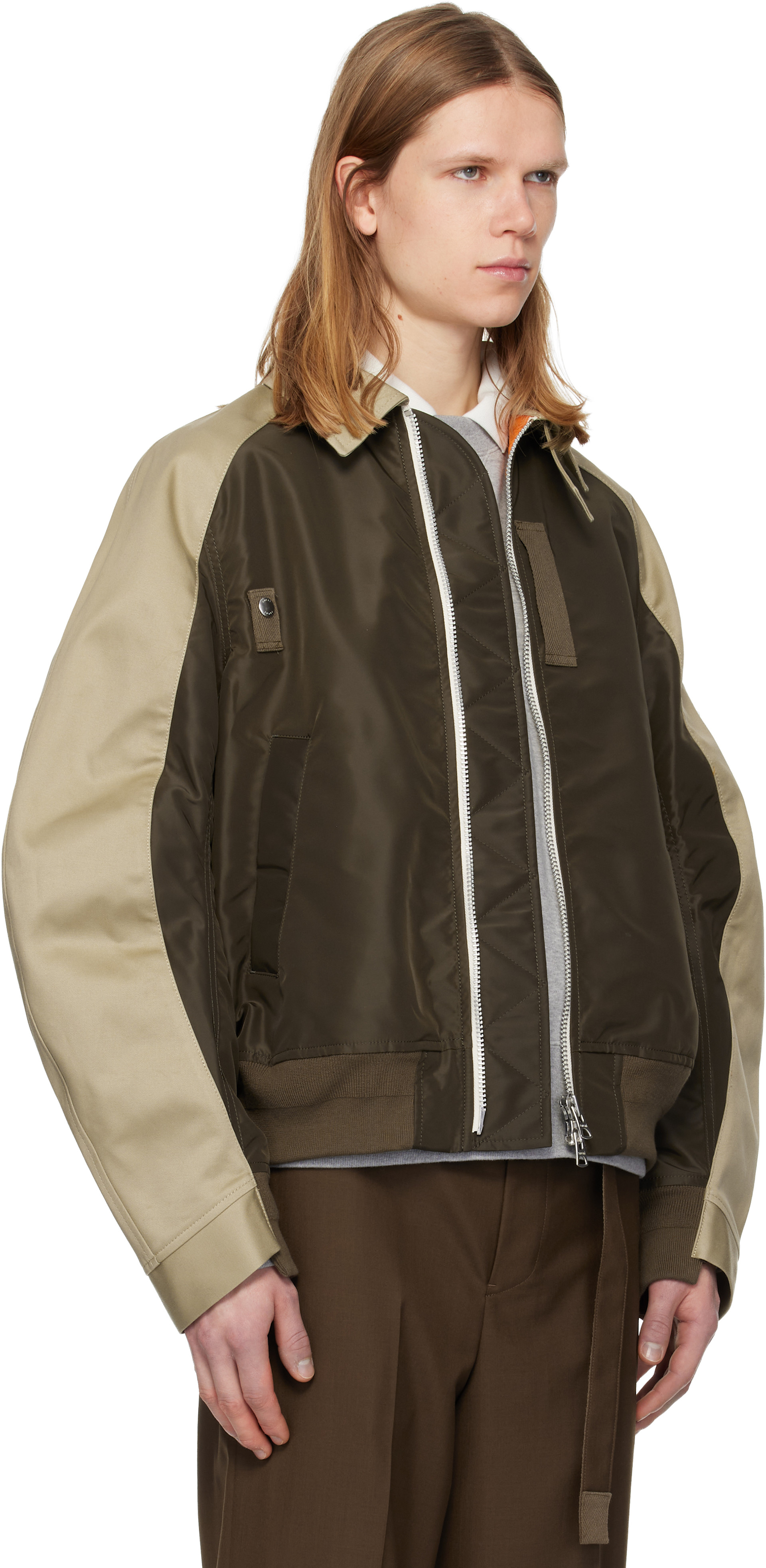 sacai: Beige & Khaki Cotton Chino & Nylon Twill Bomber Jacket | SSENSE
