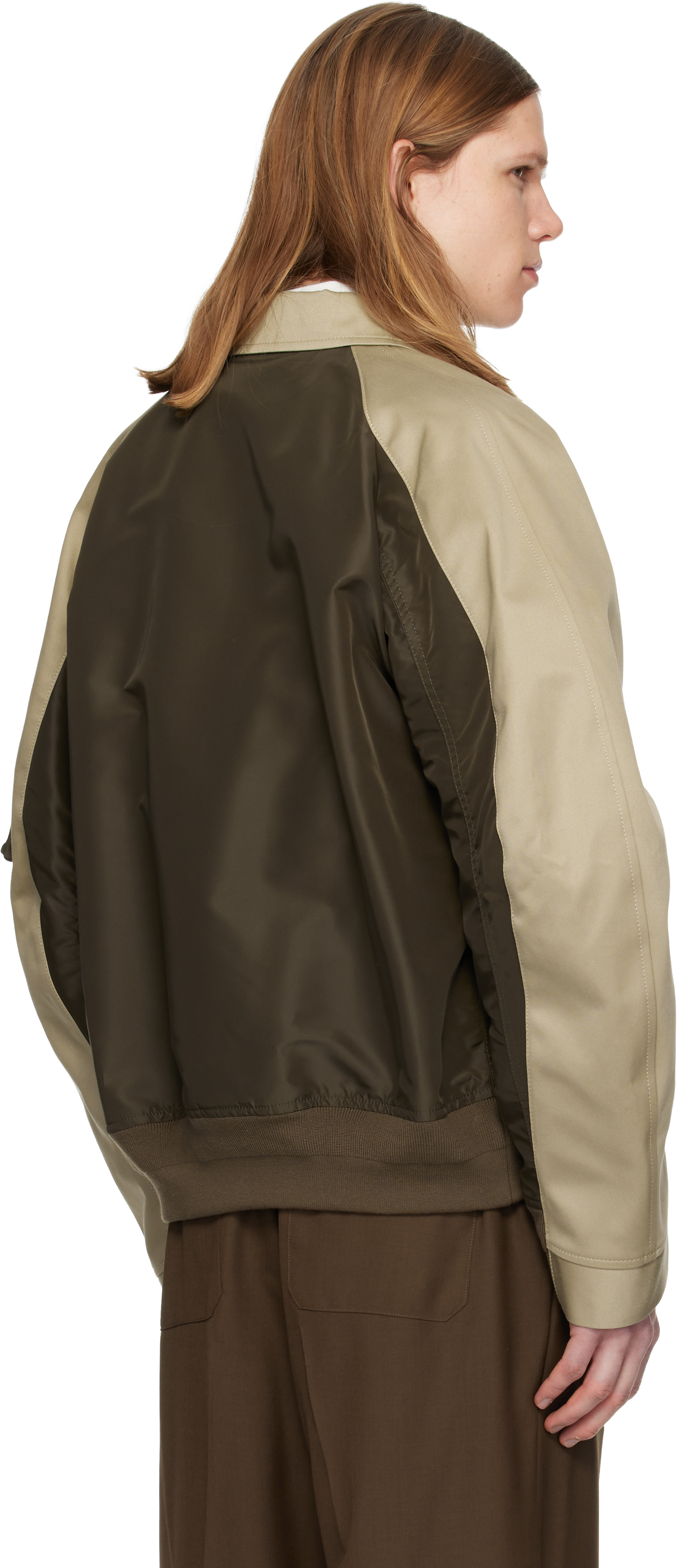 sacai: Beige & Khaki Cotton Chino & Nylon Twill Bomber Jacket | SSENSE