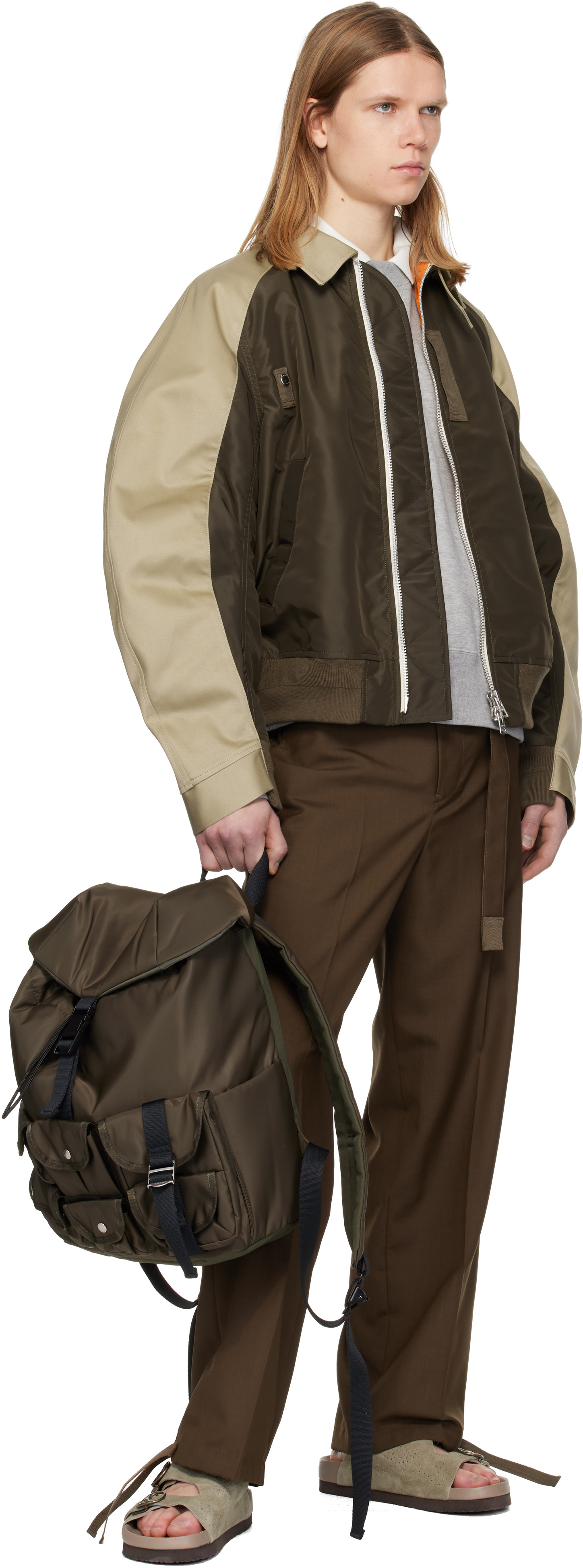 sacai: Beige & Khaki Cotton Chino & Nylon Twill Bomber Jacket | SSENSE