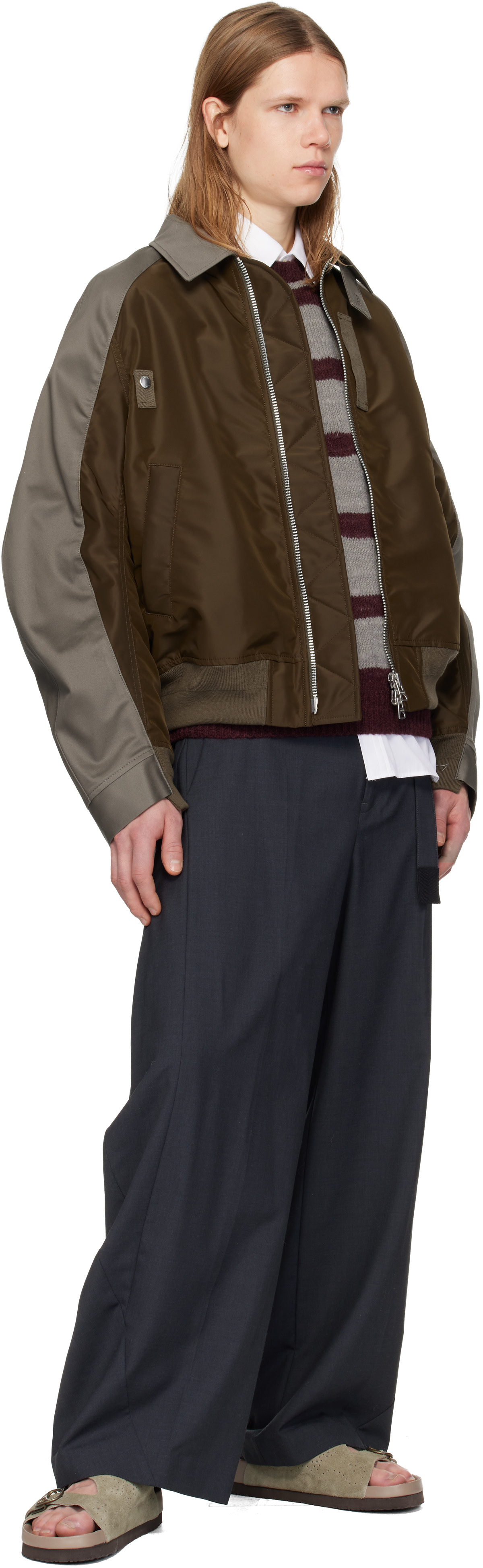 sacai: Brown & Gray Cotton Chino & Nylon Twill Bomber Jacket | SSENSE