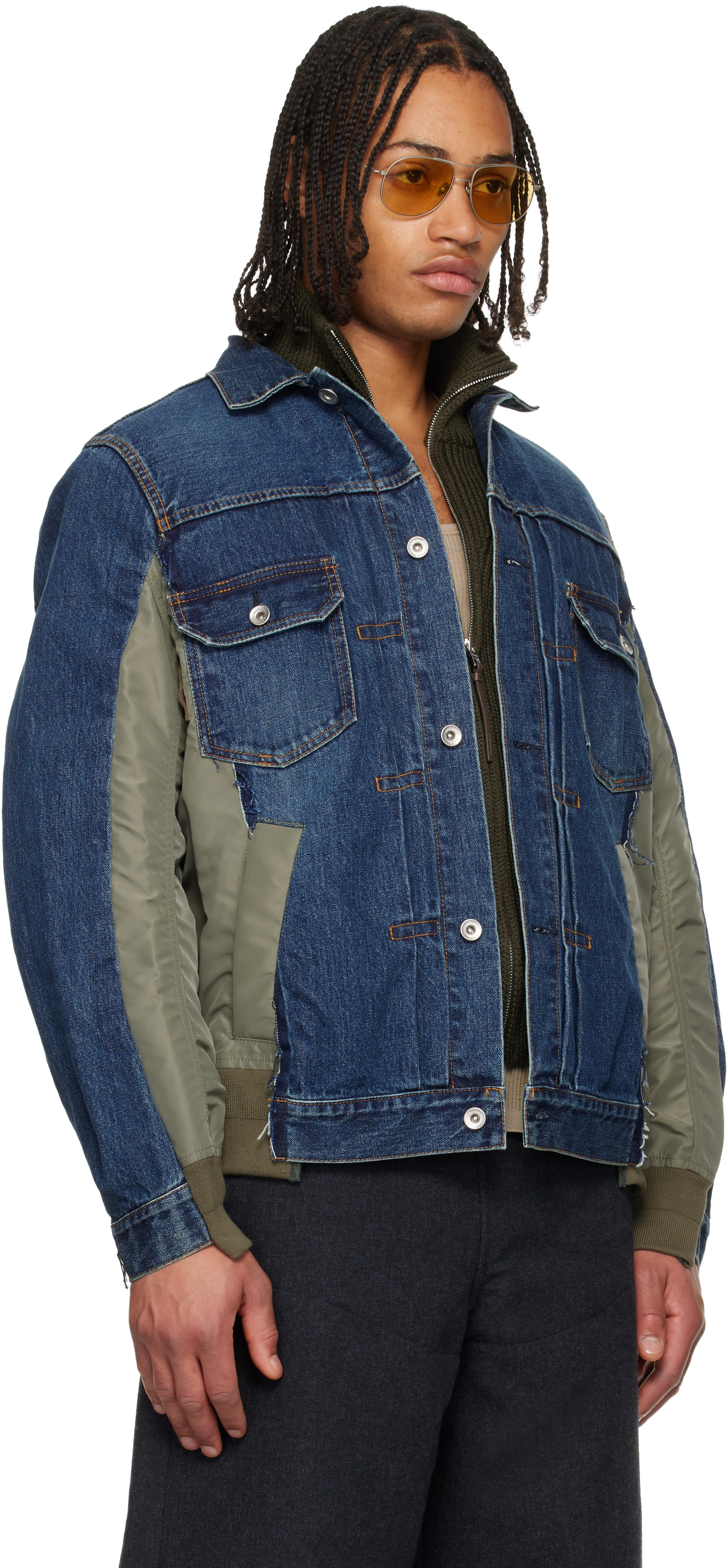 sacai: ネイビー＆カーキ Nylon Twill & Denim ジャケット | SSENSE 日本