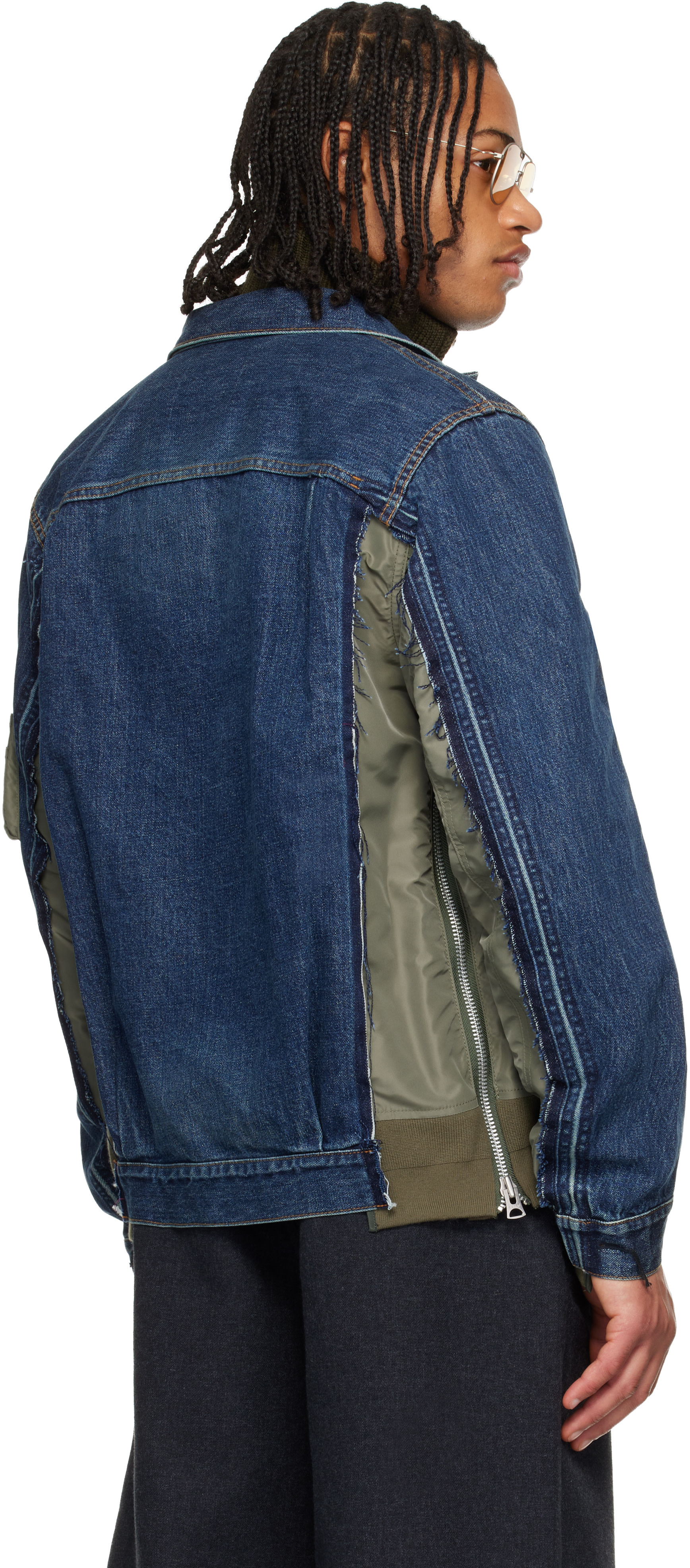 sacai: Navy & Khaki Nylon Twill & Denim Jacket | SSENSE