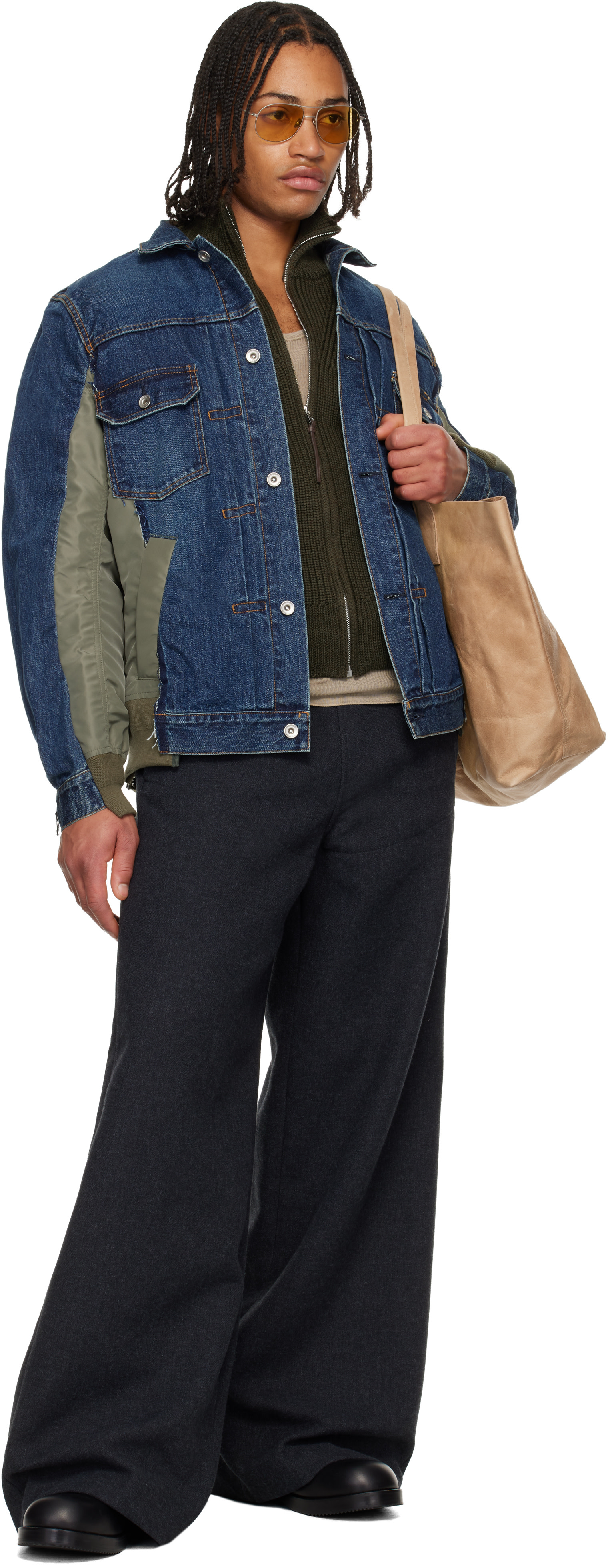 sacai: Navy & Khaki Nylon Twill & Denim Jacket | SSENSE