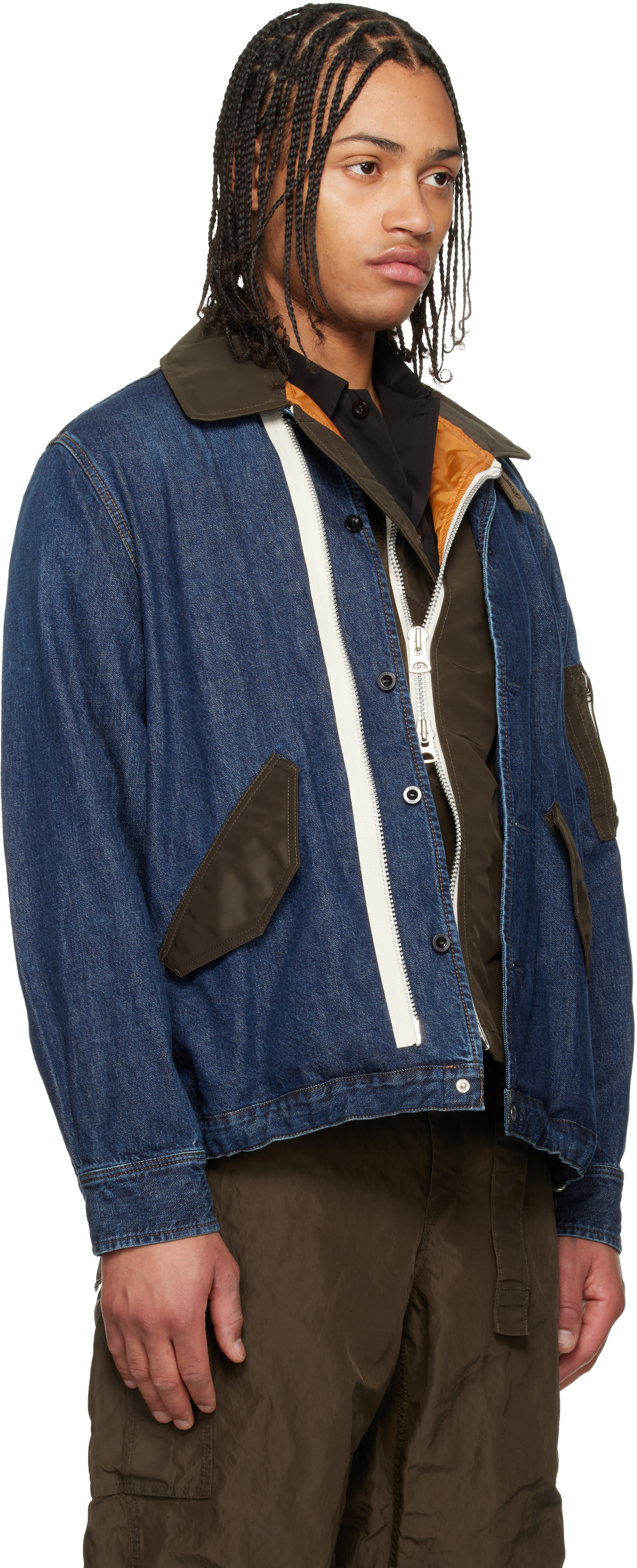 sacai: Blue Denim x Nylon Twill Blouson Denim Jacket | SSENSE