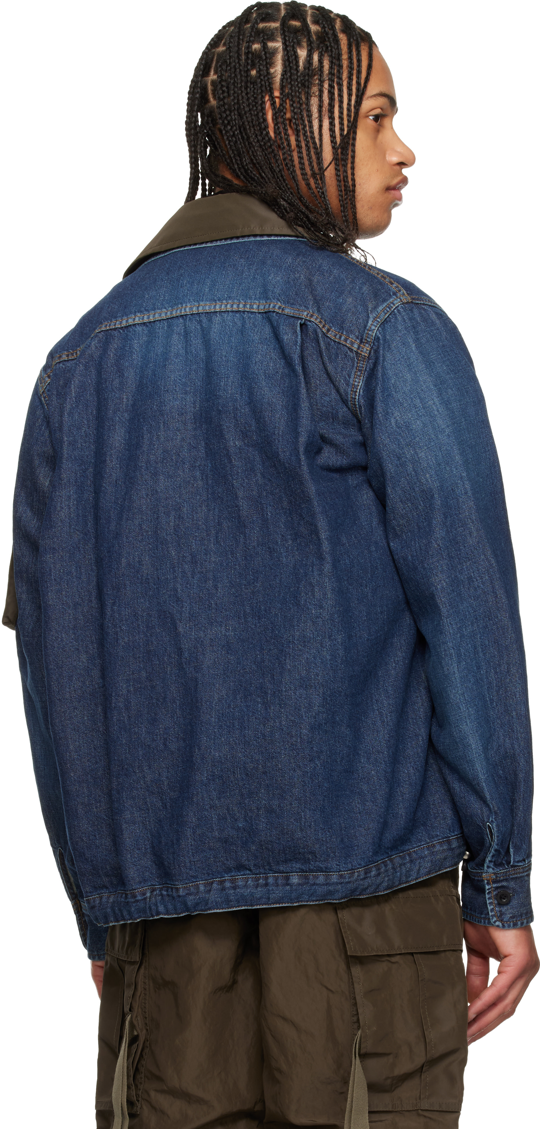 sacai: Blue Denim x Nylon Twill Blouson Denim Jacket | SSENSE
