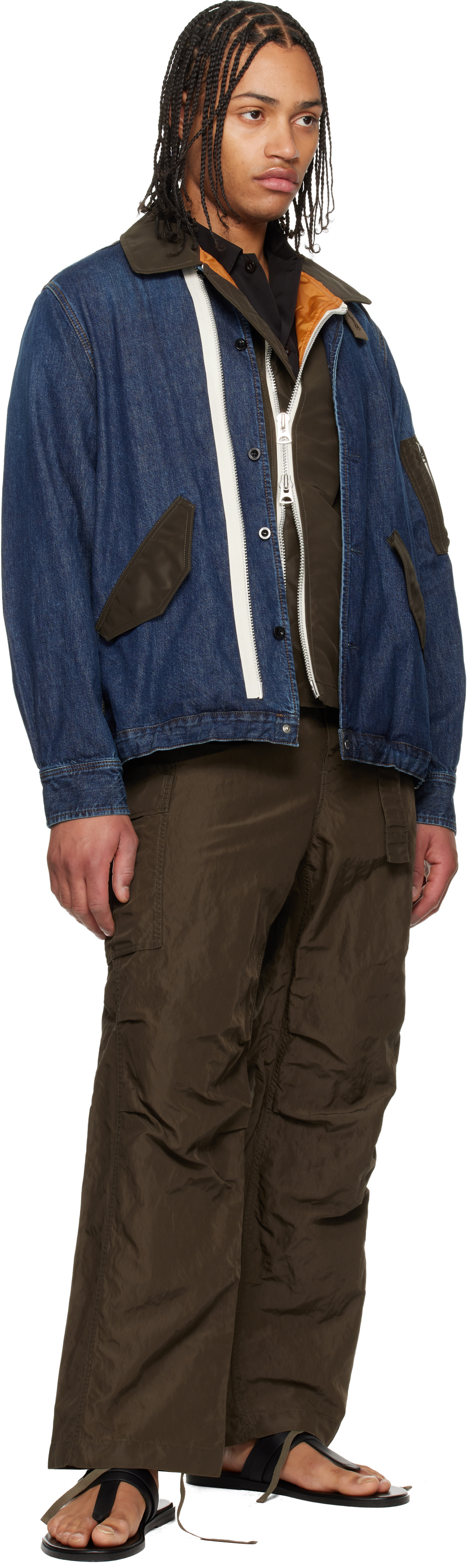 sacai: Blue Denim x Nylon Twill Blouson Denim Jacket | SSENSE