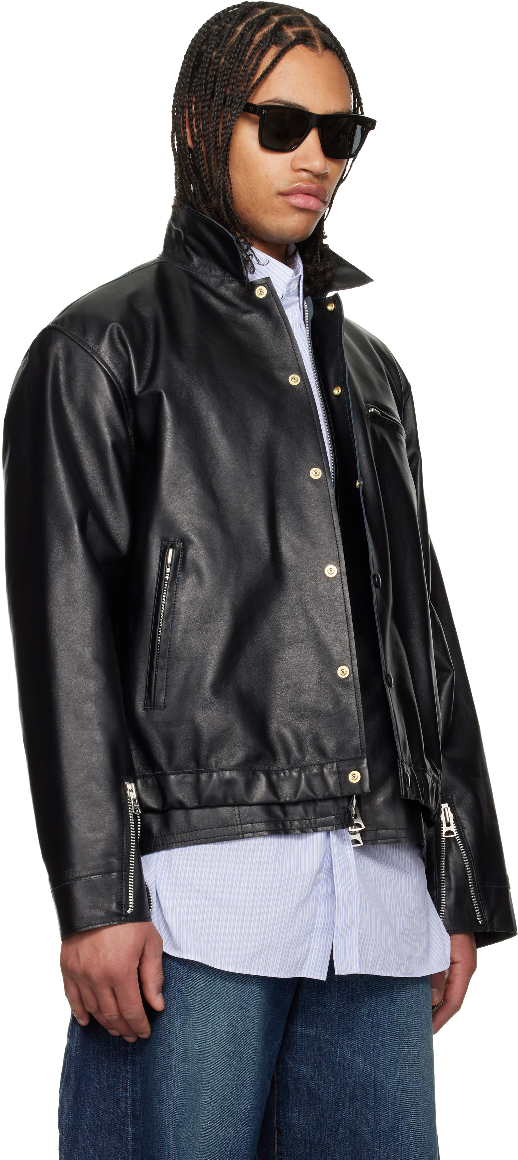 sacai: Black Layered Hem Leather Jacket | SSENSE