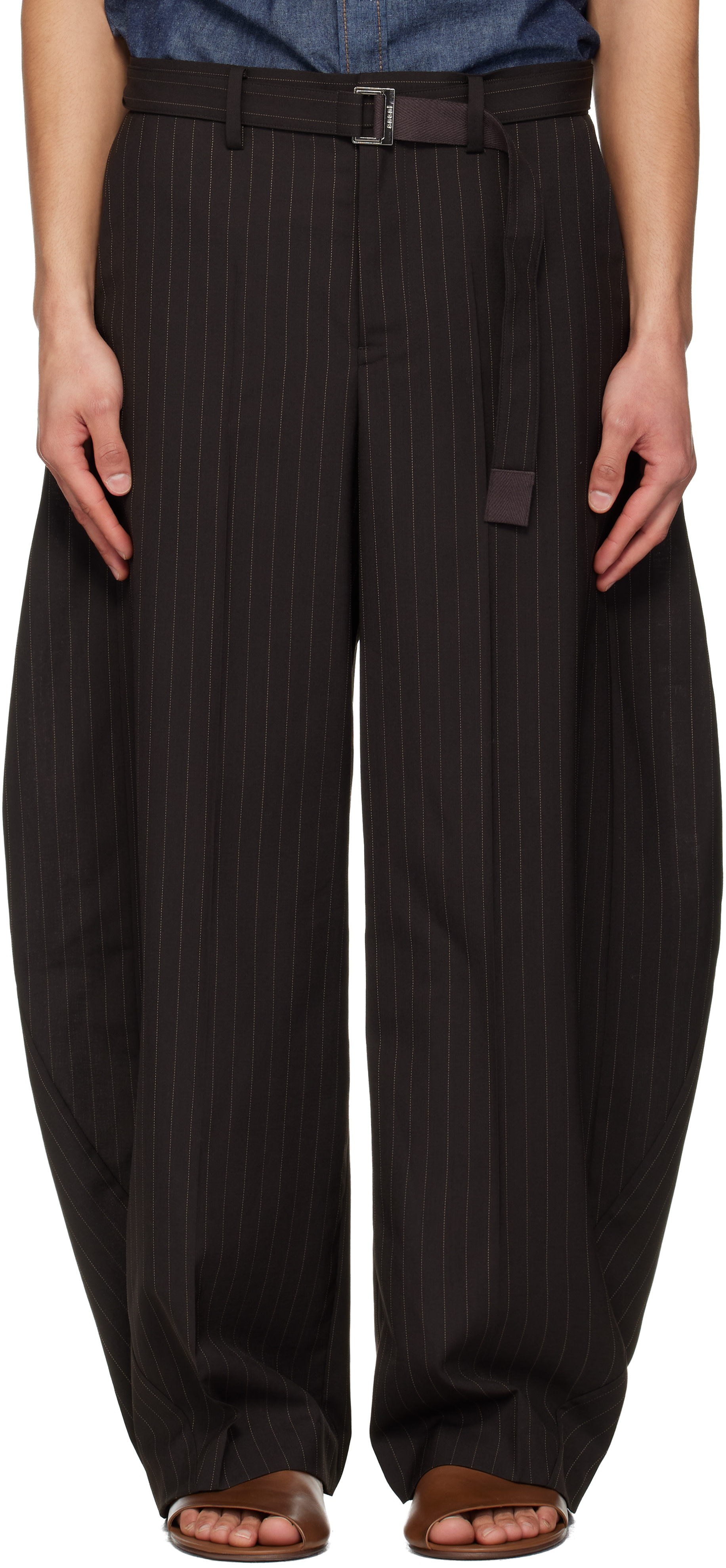 sacai ヒッコリー ストライプ パンツ sacai: Brown Chalk Stripe Trousers | SSENSE Denmark