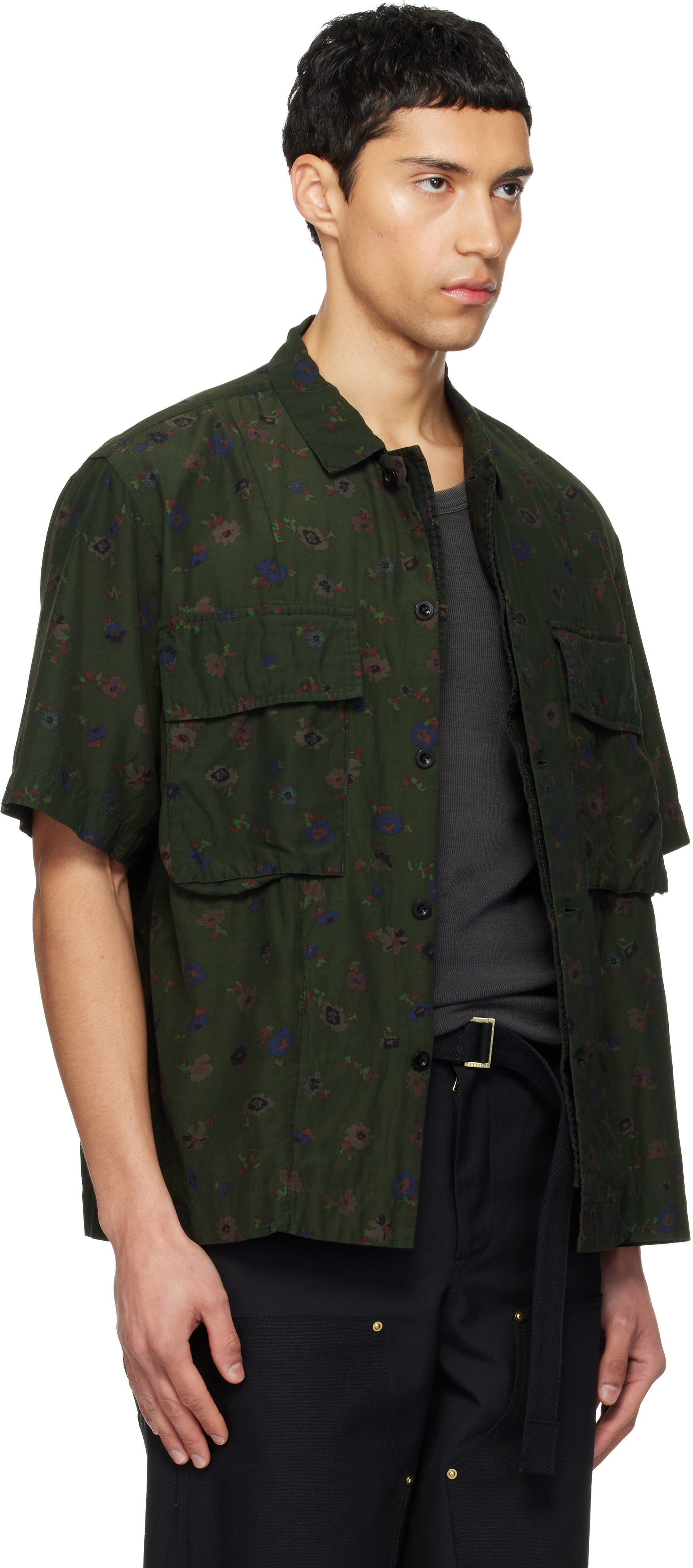 sacai: Khaki Overdyed Floral Print Shirt | SSENSE