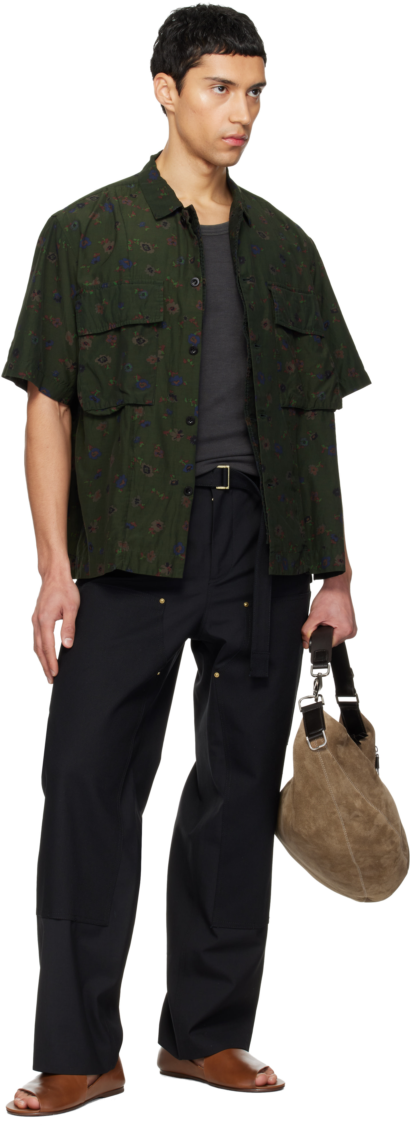 sacai: Khaki Overdyed Floral Print Shirt | SSENSE