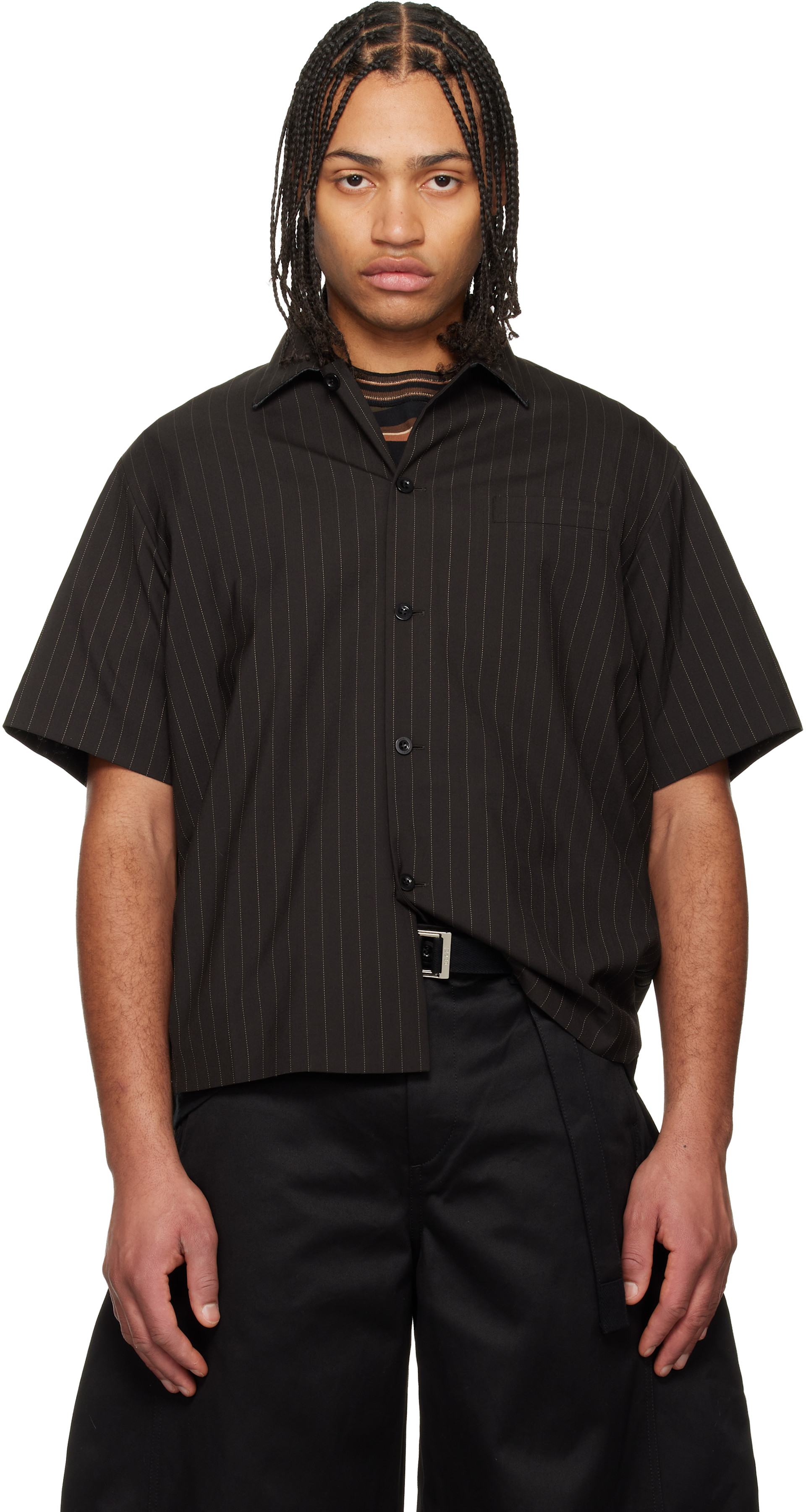 sacai: Brown Chalk Stripe Shirt | SSENSE