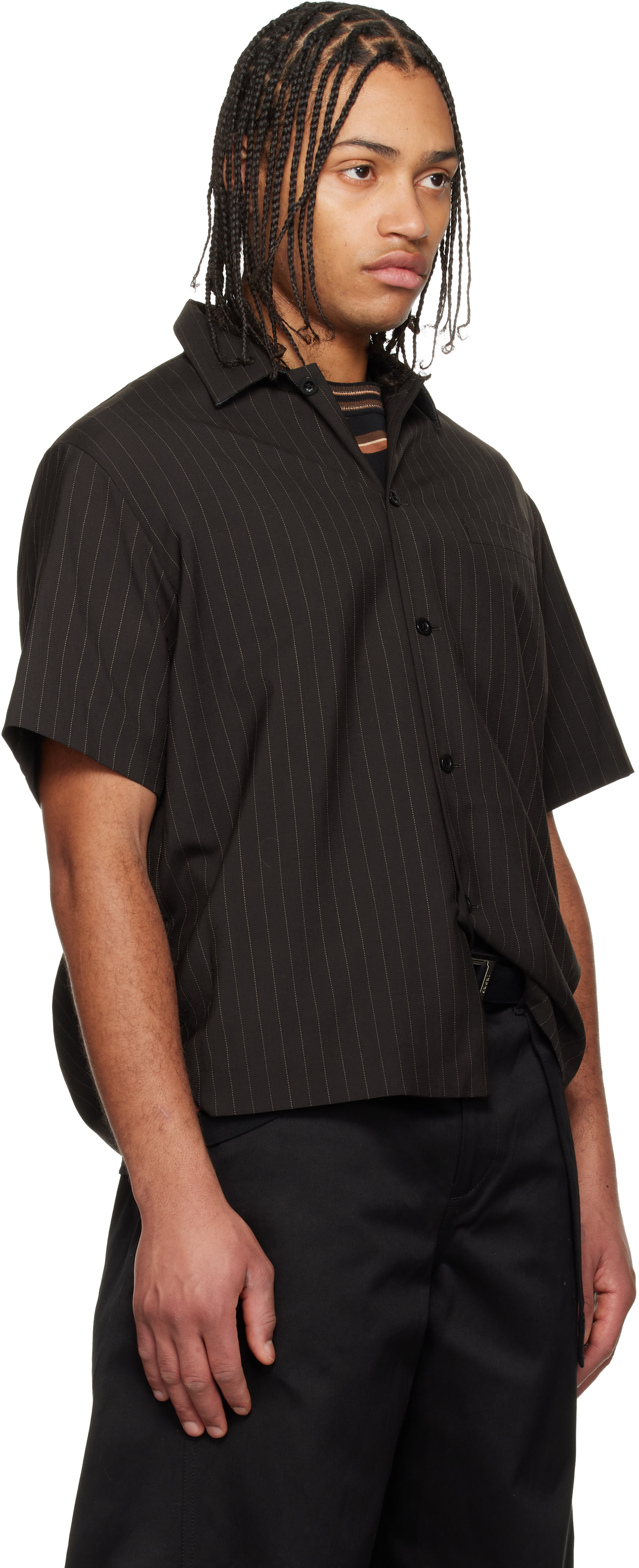 sacai 19ss dr.woo プルオーバー シャツ メンズ ストライプ sacai: Brown Chalk Stripe Shirt | SSENSE