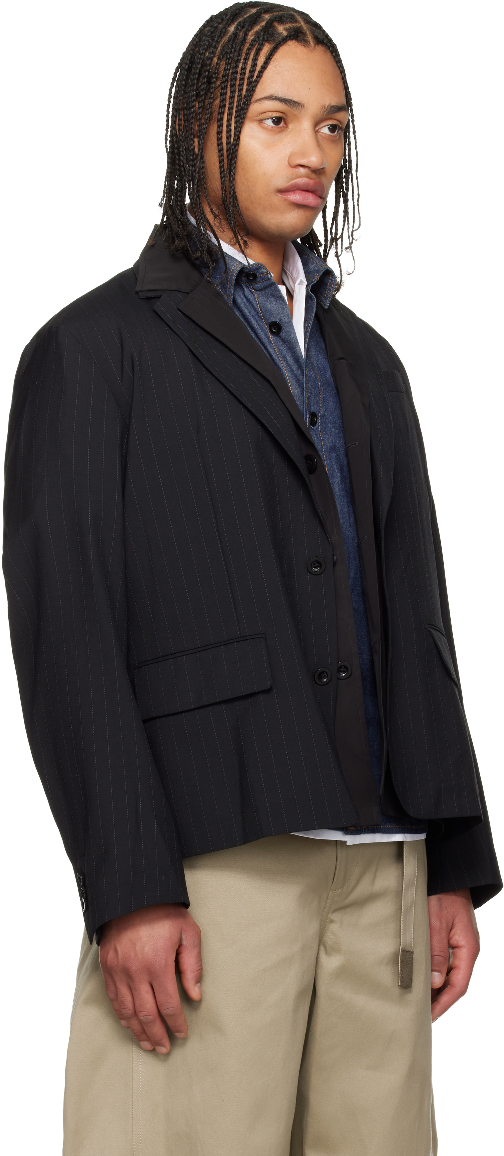 sacai: Black Chalk Stripe Blazer | SSENSE Denmark