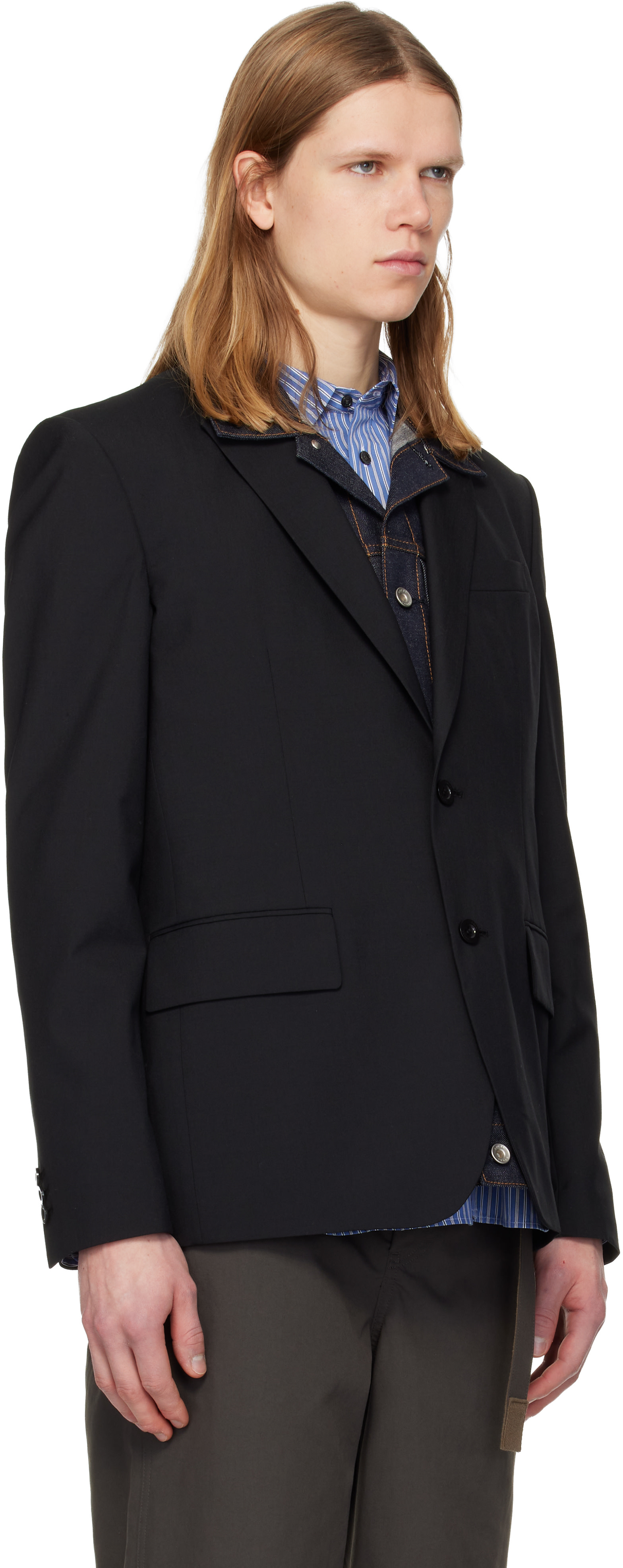 sacai: ブラック Suiting & Denim テーラードジャケット | SSENSE 日本