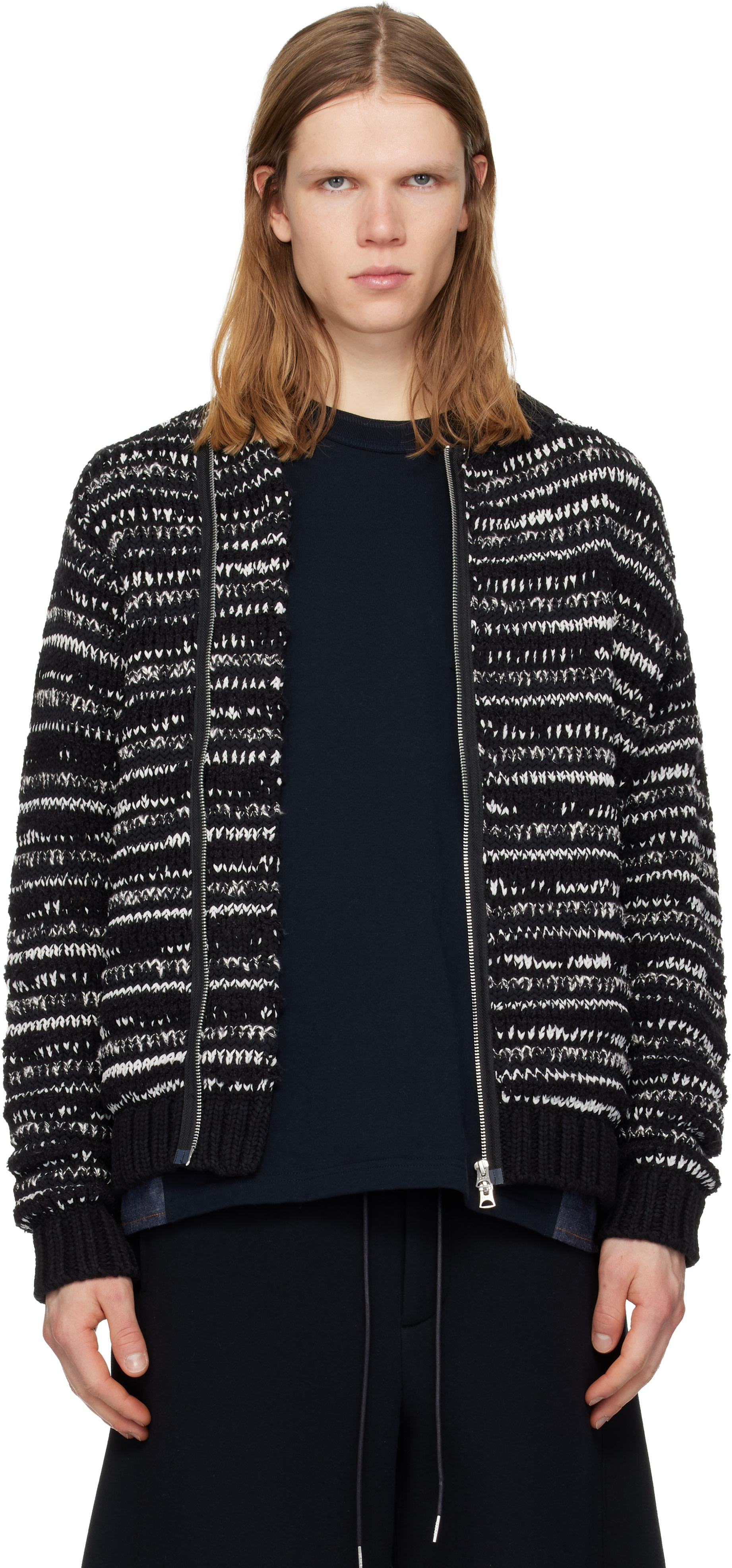 sacai: Black & White Mix Knit Blouson Cardigan | SSENSE