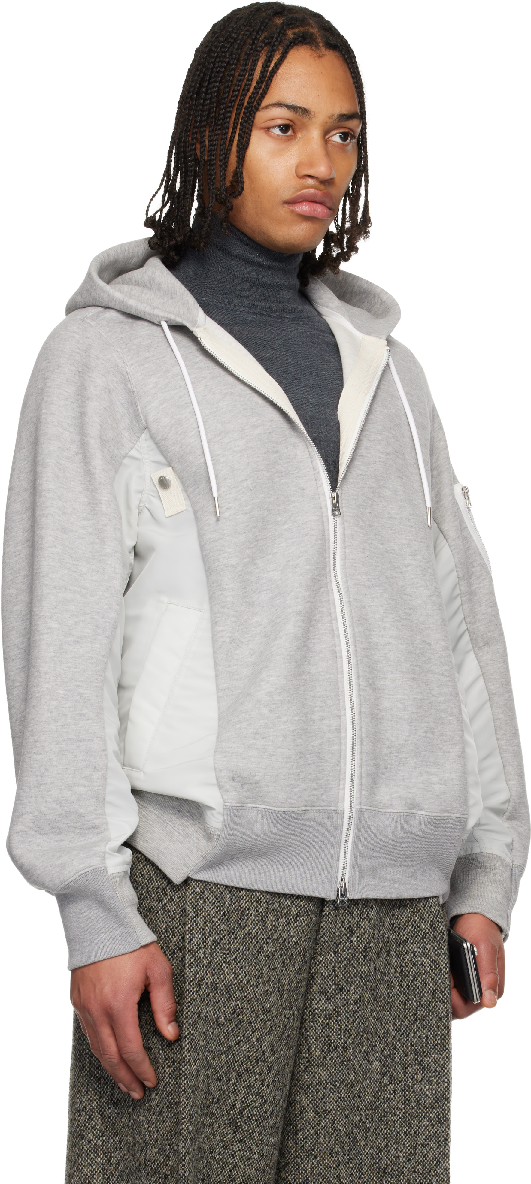 sacai: グレー Sponge Sweat & Nylon Twill フーディ | SSENSE 日本