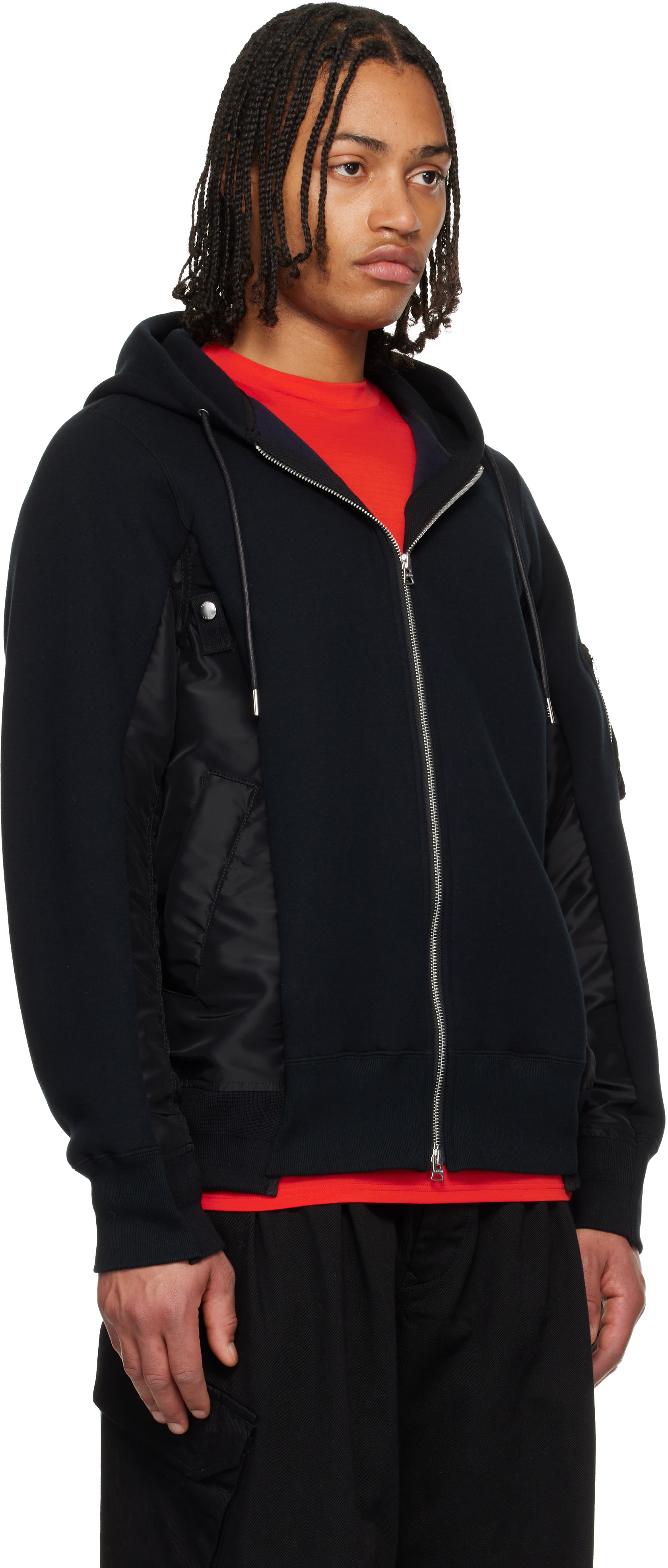 sacai: Black Sponge Sweat & Nylon Twill Hoodie | SSENSE