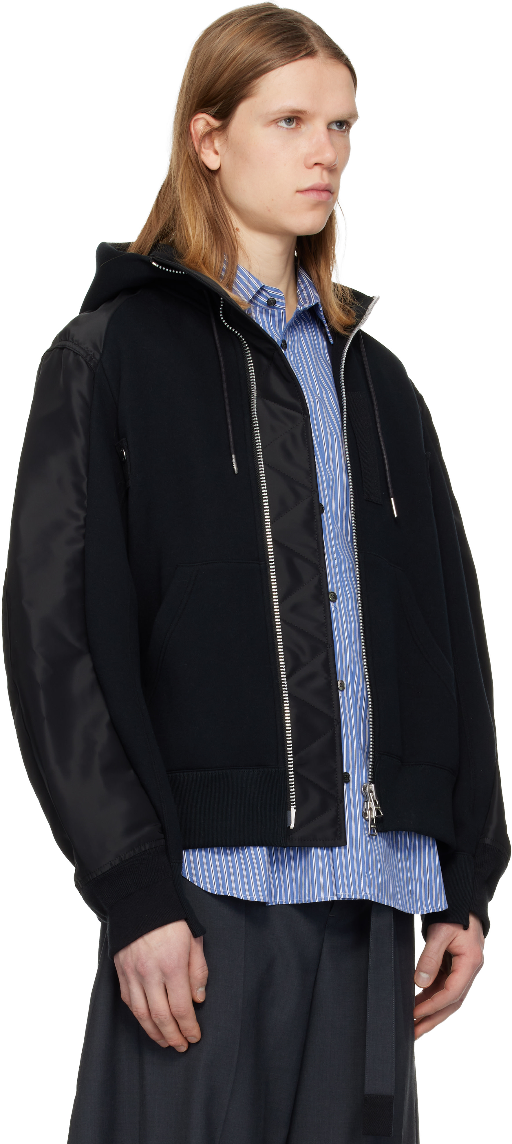 sacai Sponge Sweat x MA-1 Hoodie ブラック 2 sacai: Black Sponge Sweat Hoodie | SSENSE
