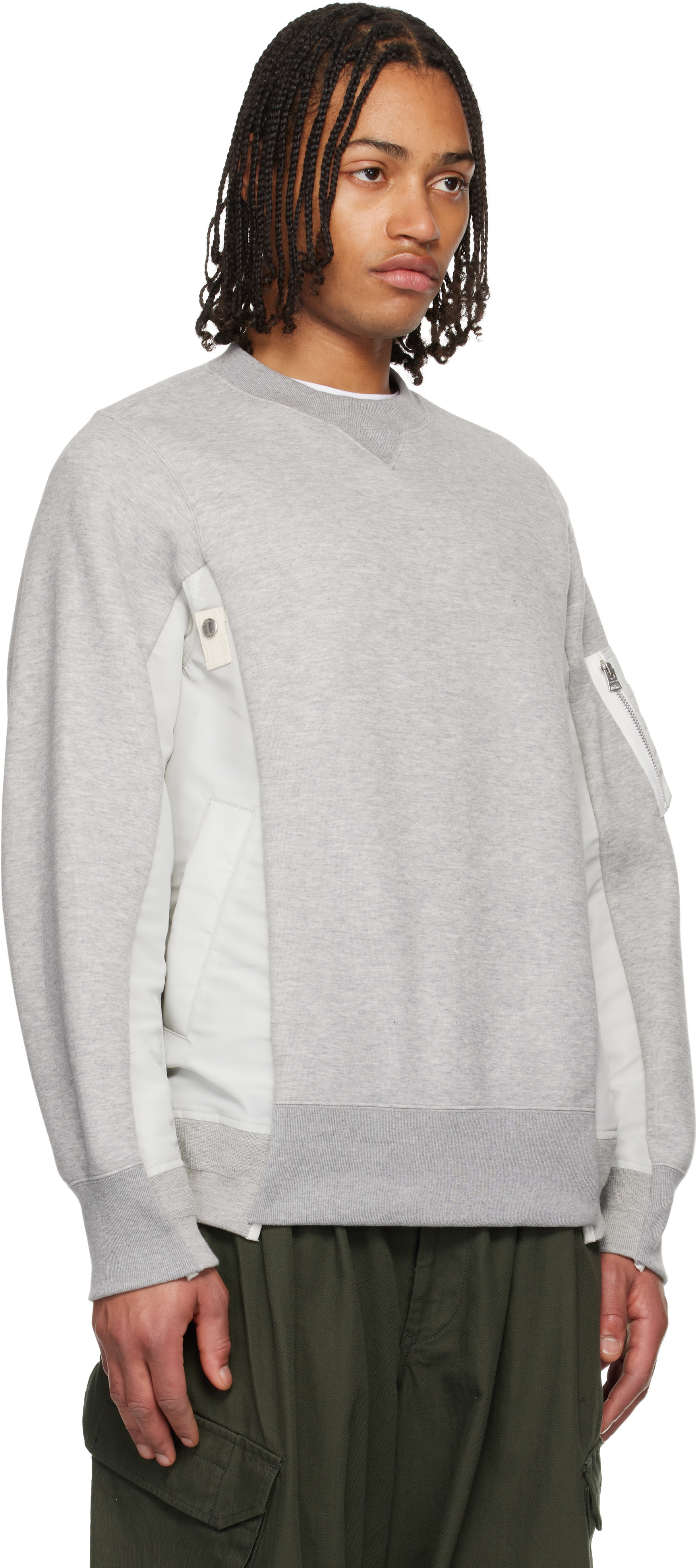 sacai: Gray Sponge Sweat & Nylon Twill Sweatshirt | SSENSE New Zealand