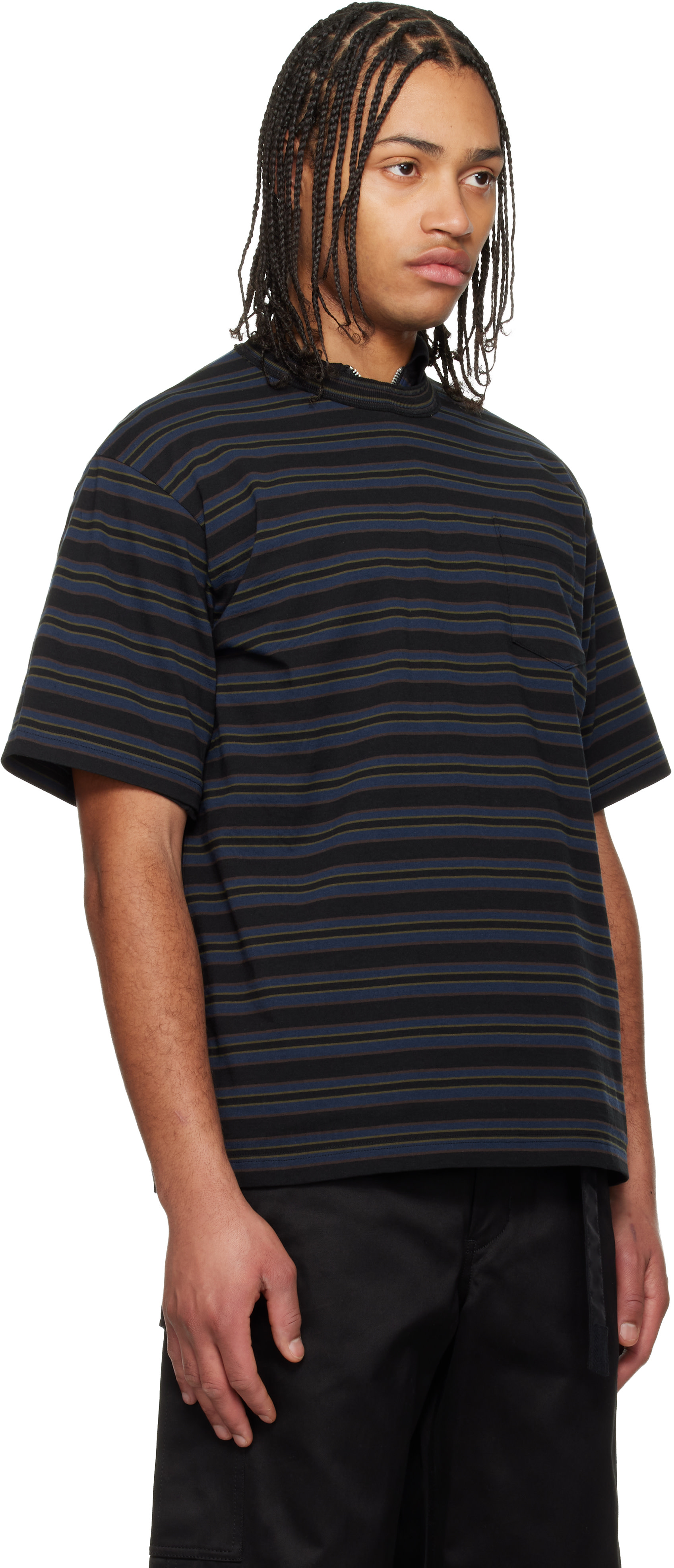 sacai: Navy Horizontal Stripe T-Shirt | SSENSE