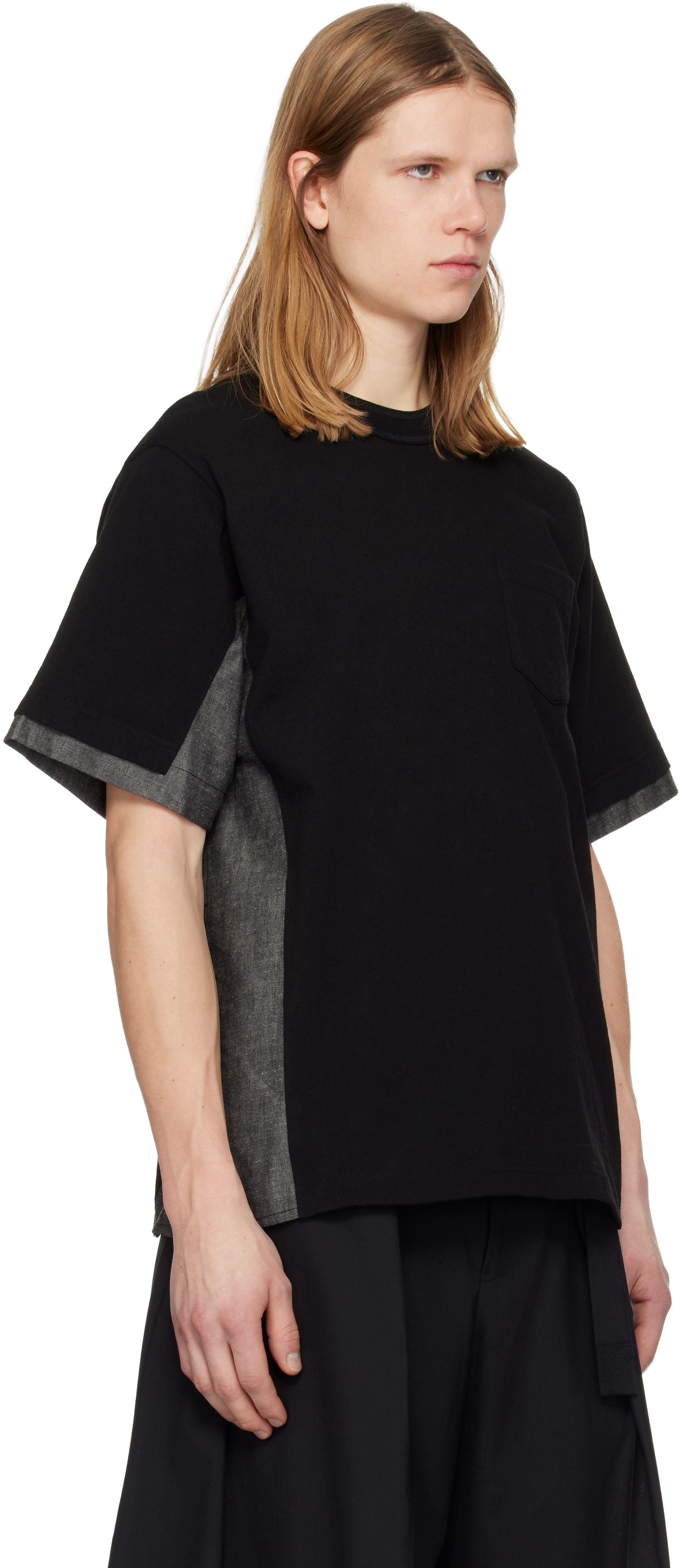 sacai: ブラック Cotton Jersey & Light Weight Denim Tシャツ