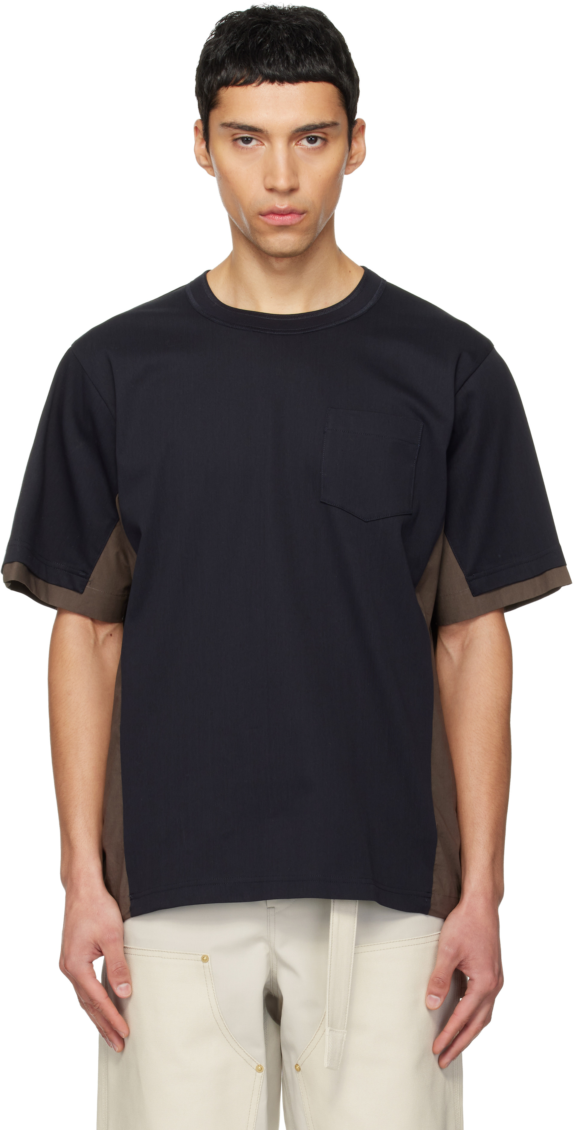 sacai: Navy & Taupe Cotton Typewriter & Cotton Jersey T-shirt | SSENSE