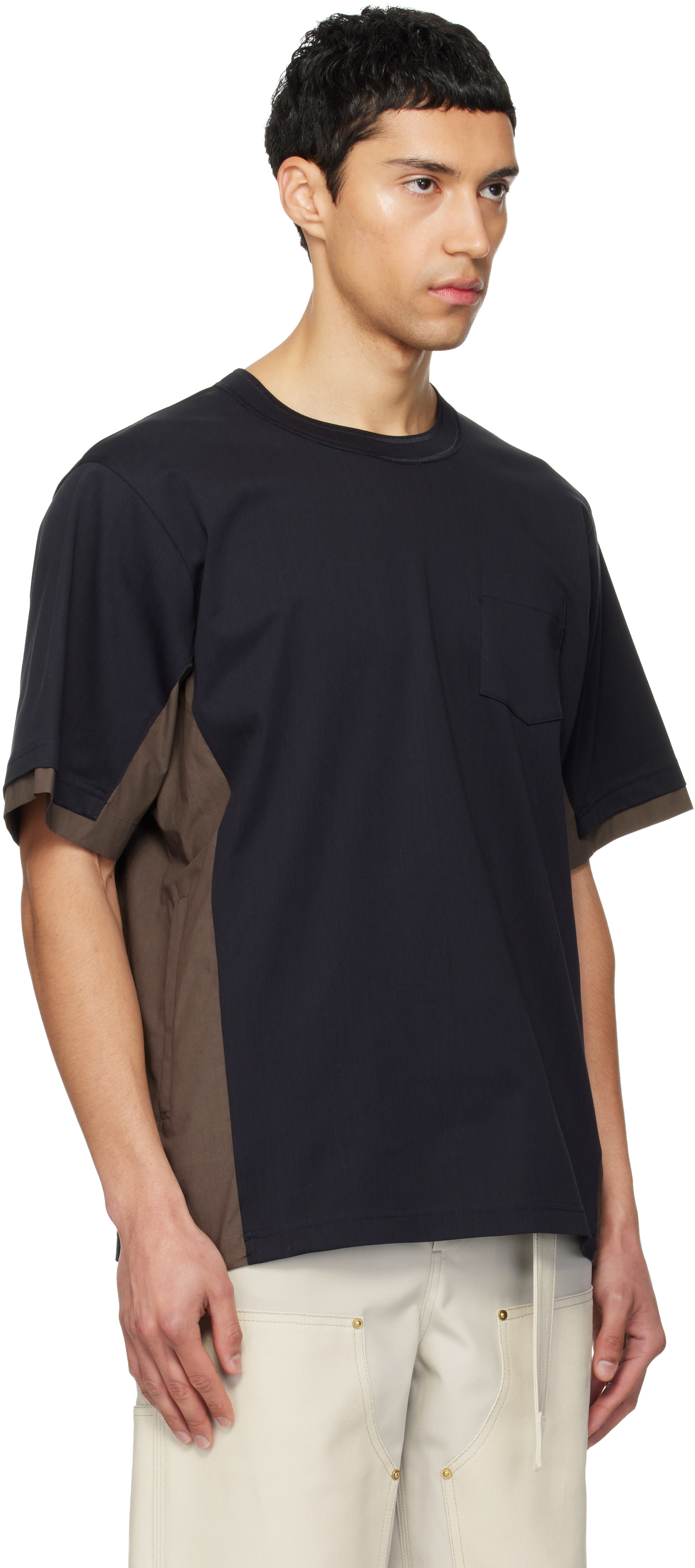 sacai: Navy & Taupe Cotton Typewriter & Cotton Jersey T-shirt | SSENSE
