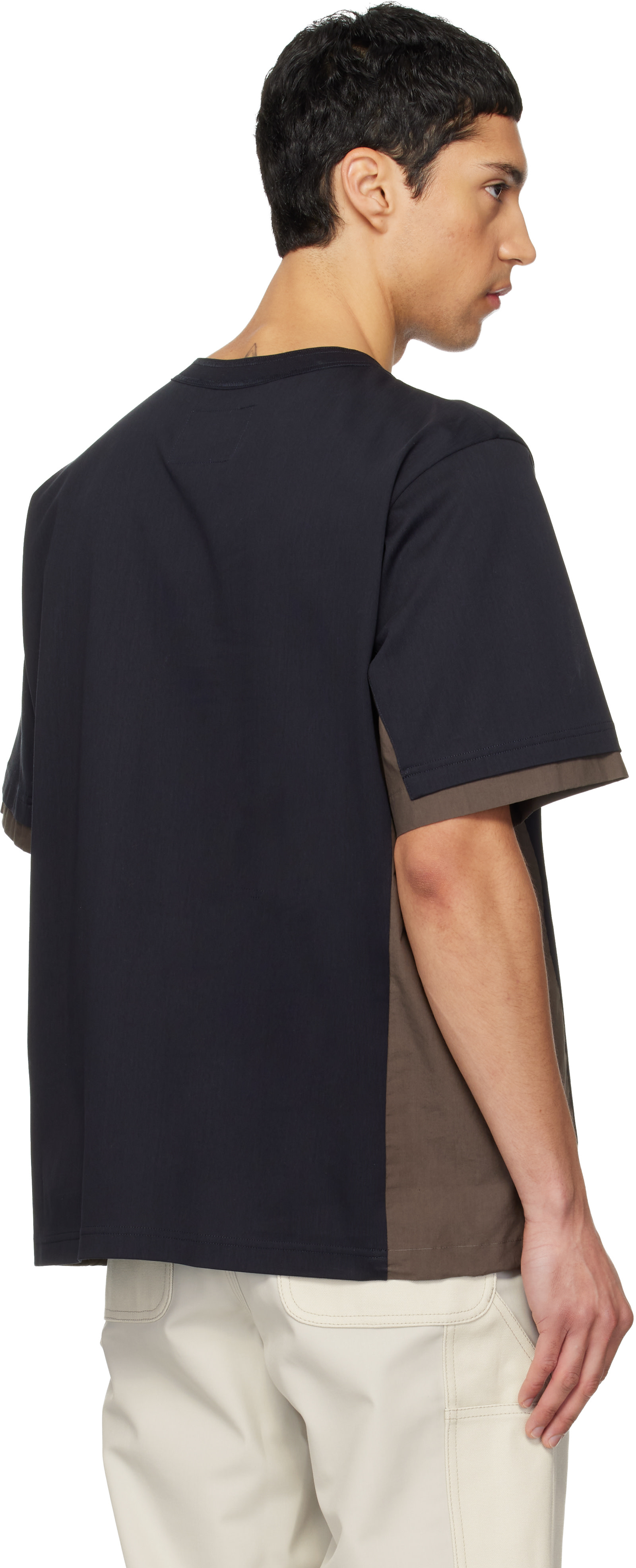 sacai: Navy & Taupe Cotton Typewriter & Cotton Jersey T-shirt | SSENSE