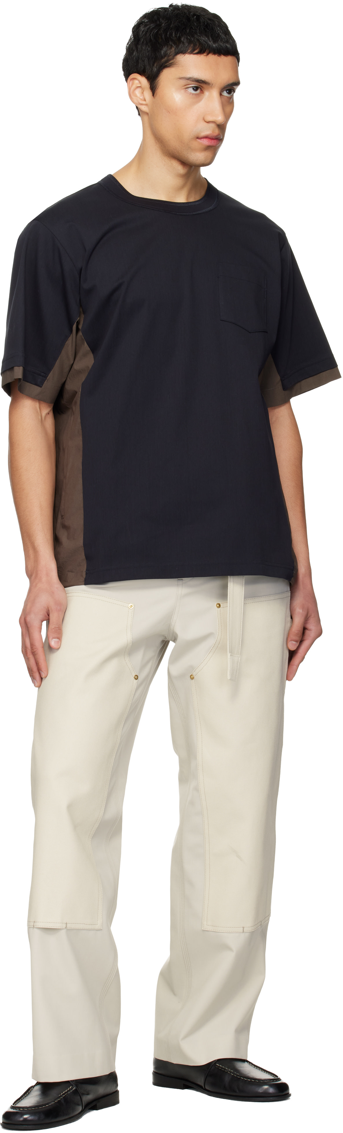 sacai: Navy & Taupe Cotton Typewriter & Cotton Jersey T-shirt | SSENSE