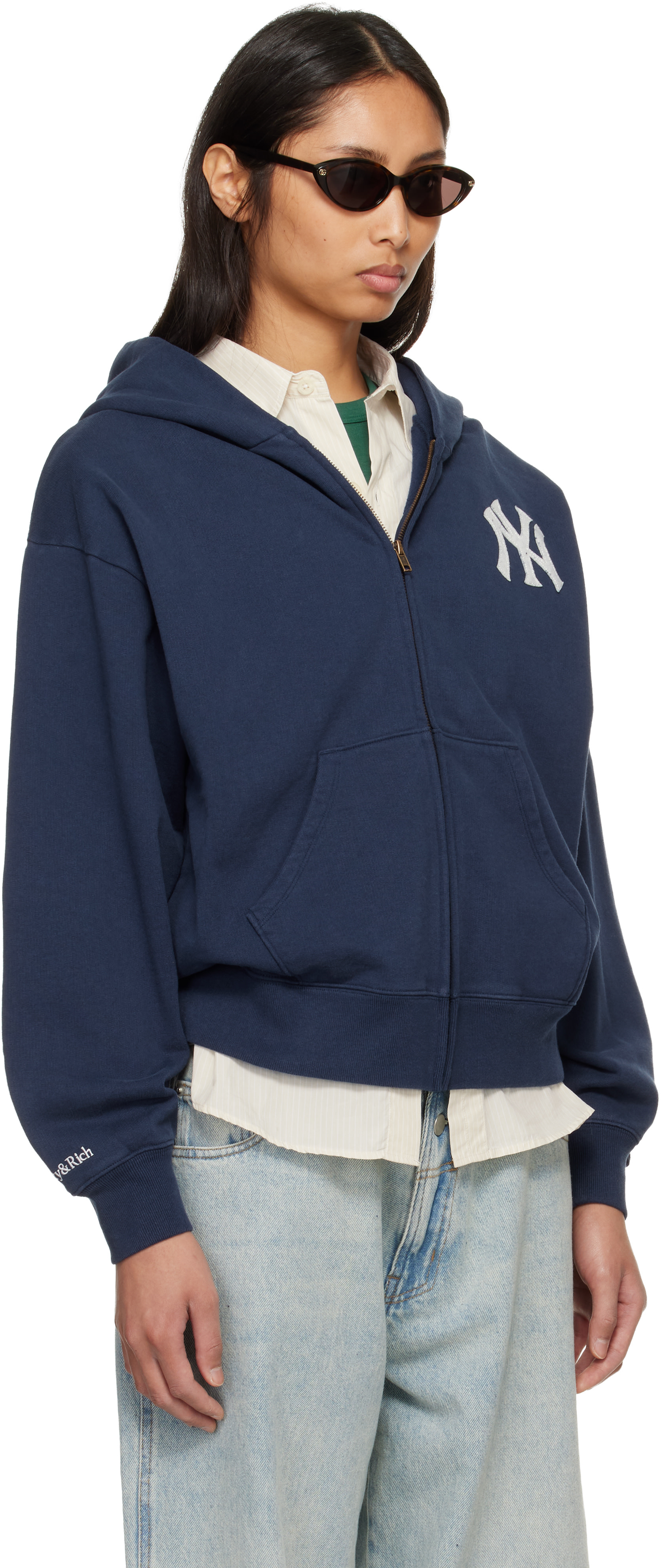 Sporty & Rich: Navy Heritage Yankees Serif Zip Hoodie | SSENSE