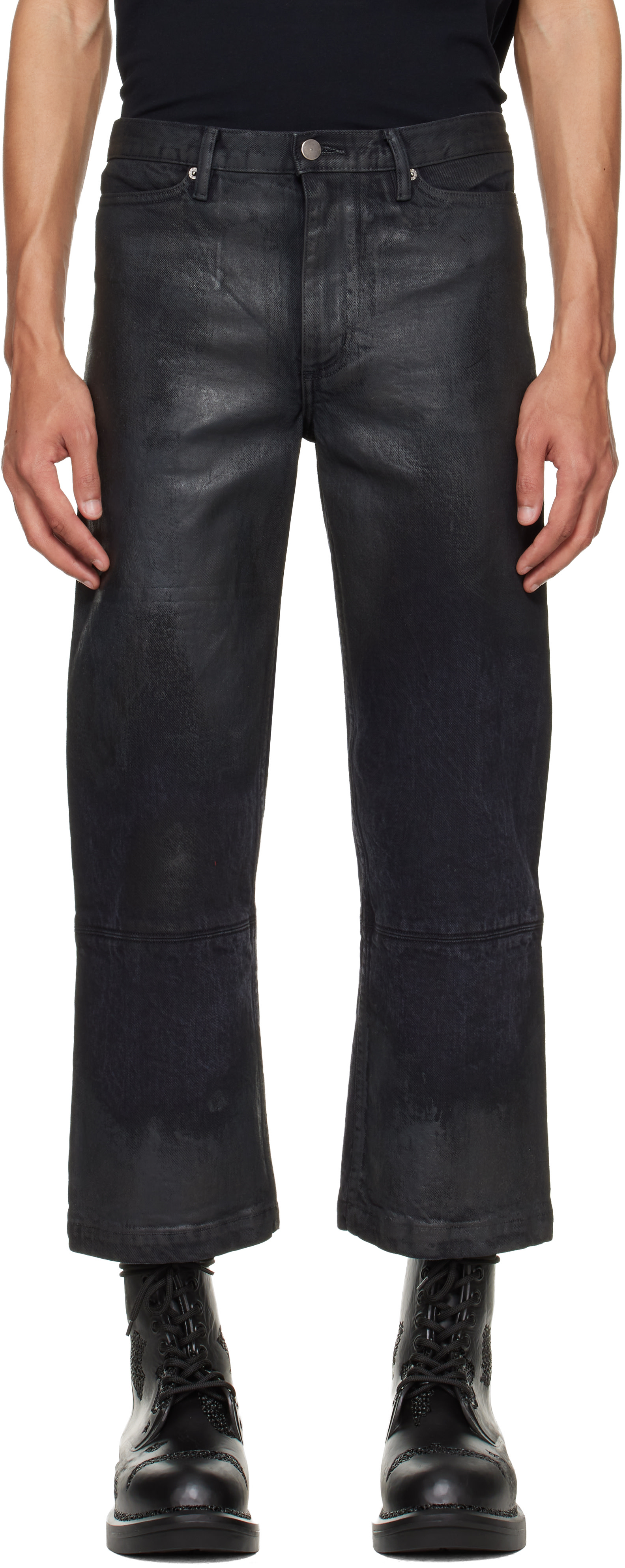 パンツ waxed straight damage denim pants HYACYN: Black Etteragic Denim Washed Waxed Jeans | SSENSE