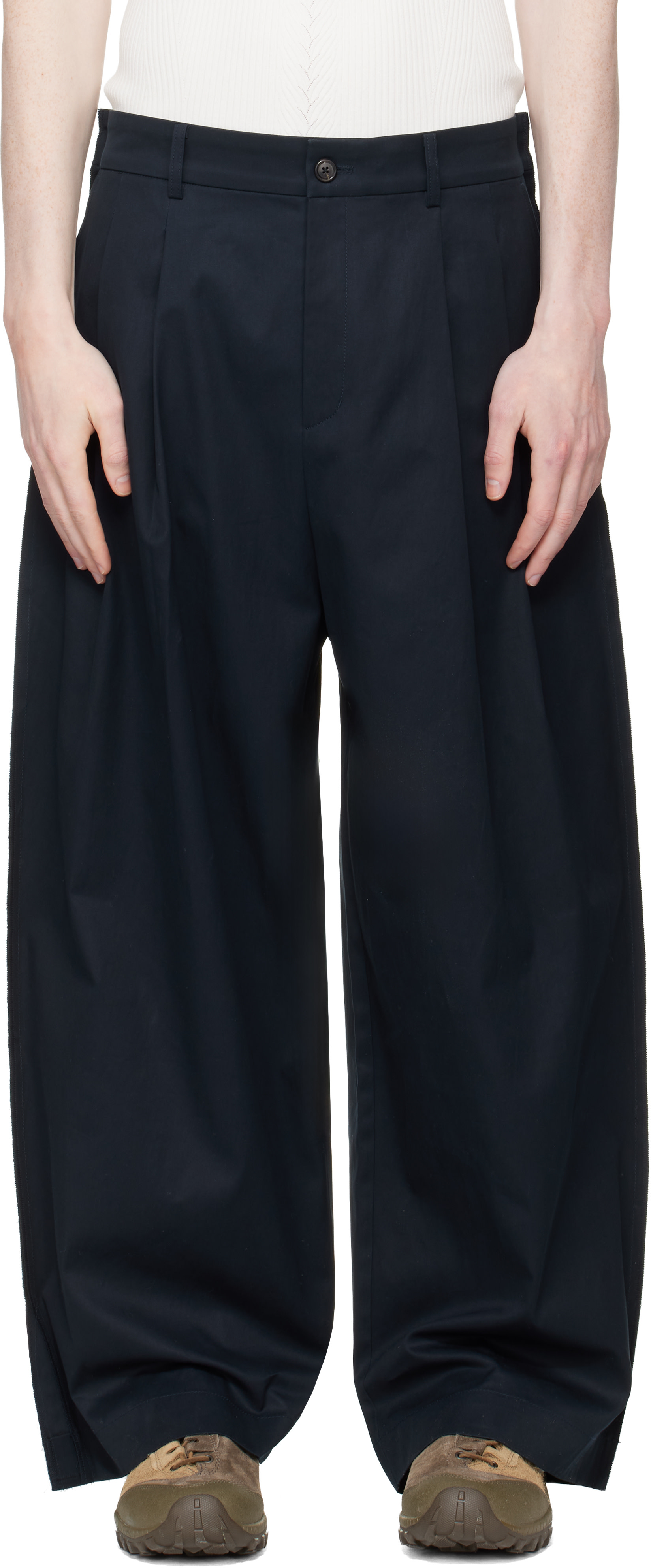 RE;CODE - Pantalon bleu marine à nervures et à bords bruts