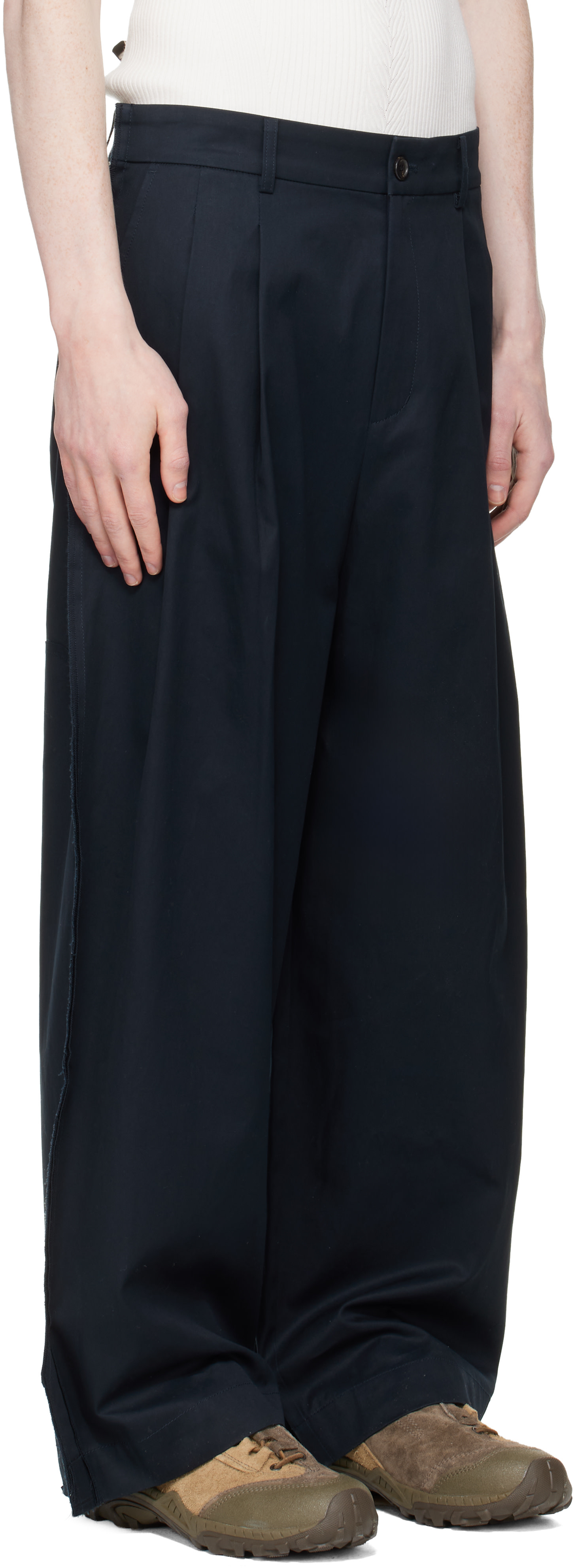RE;CODE - Pantalon bleu marine à nervures et à bords bruts