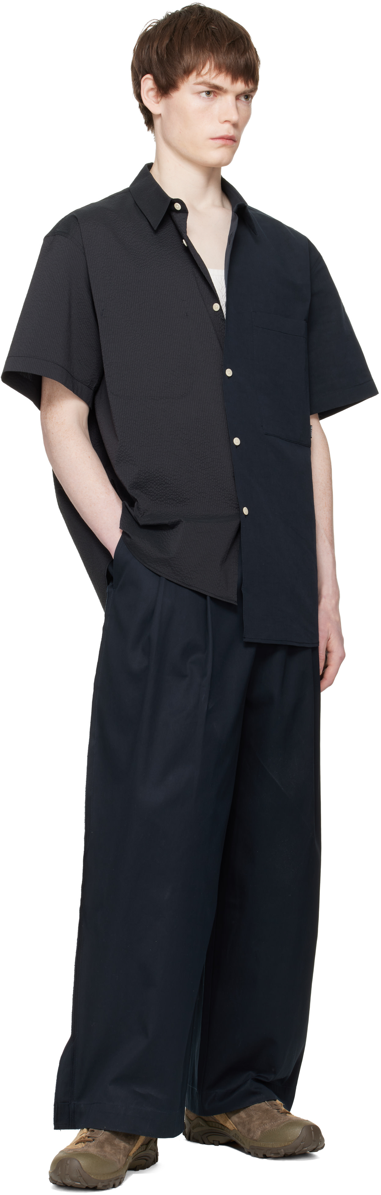 RE;CODE - Pantalon bleu marine à nervures et à bords bruts