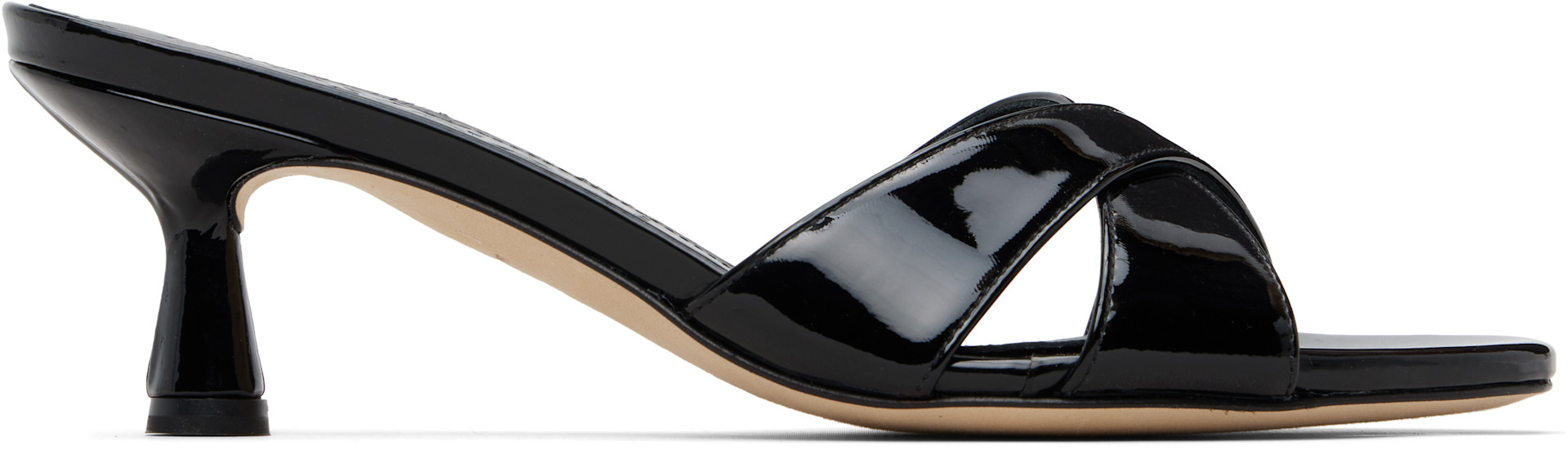 Aeyde: Black Vero Patent Leather Mule Heeled Sandals | SSENSE
