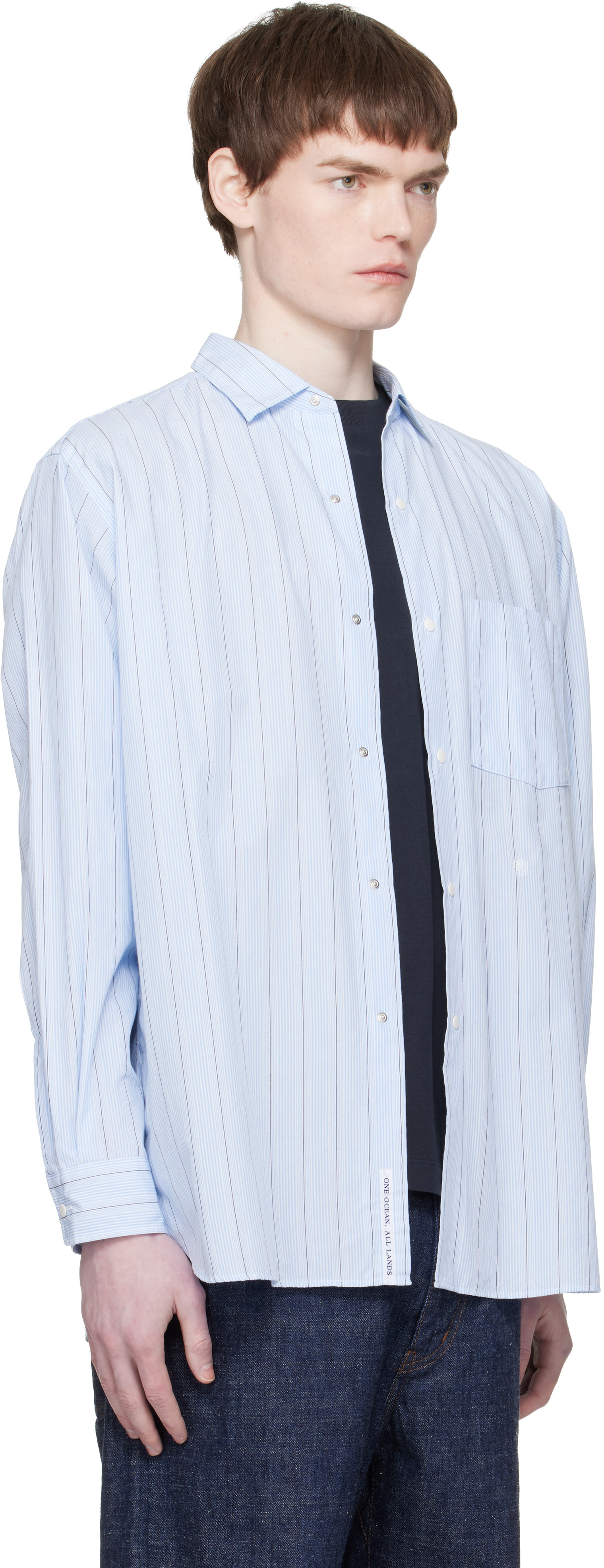 nanamica: Blue Regular Collar Stripe Wind Shirt | SSENSE Canada