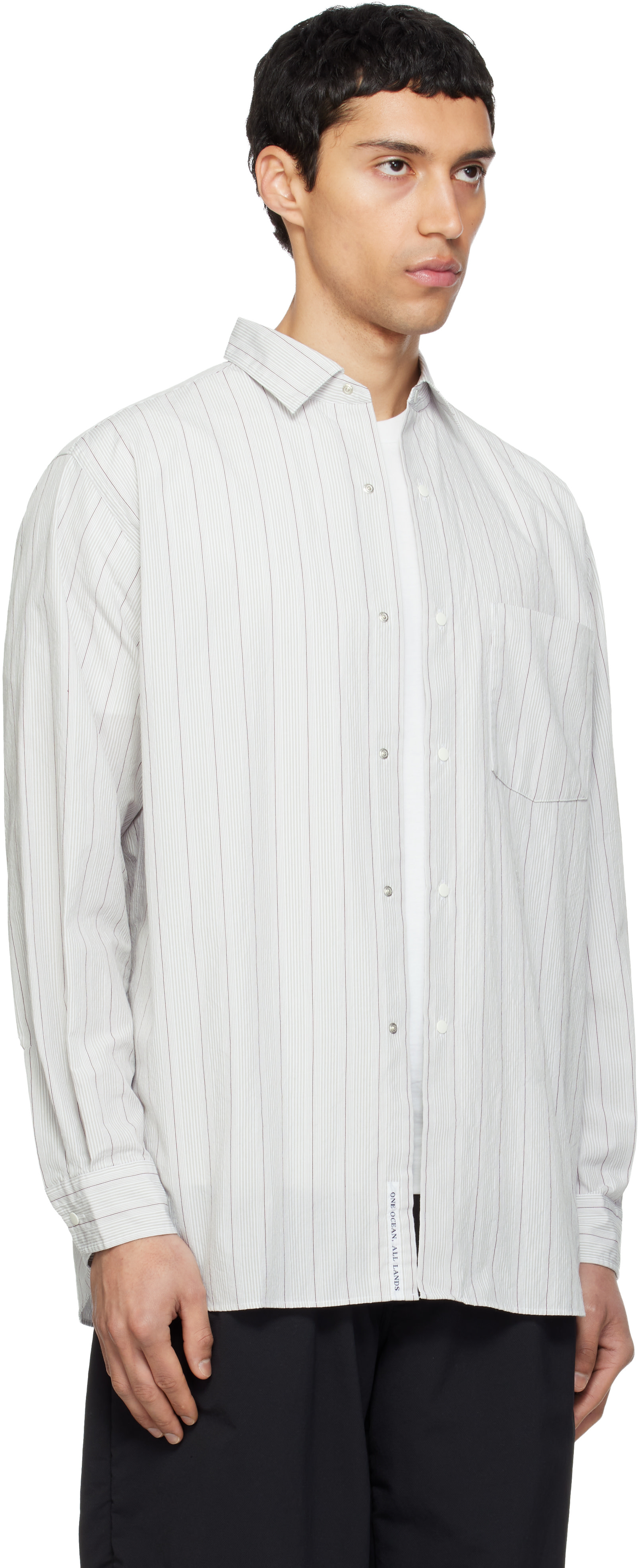 nanamica: Gray Regular Collar Stripe Wind Shirt | SSENSE