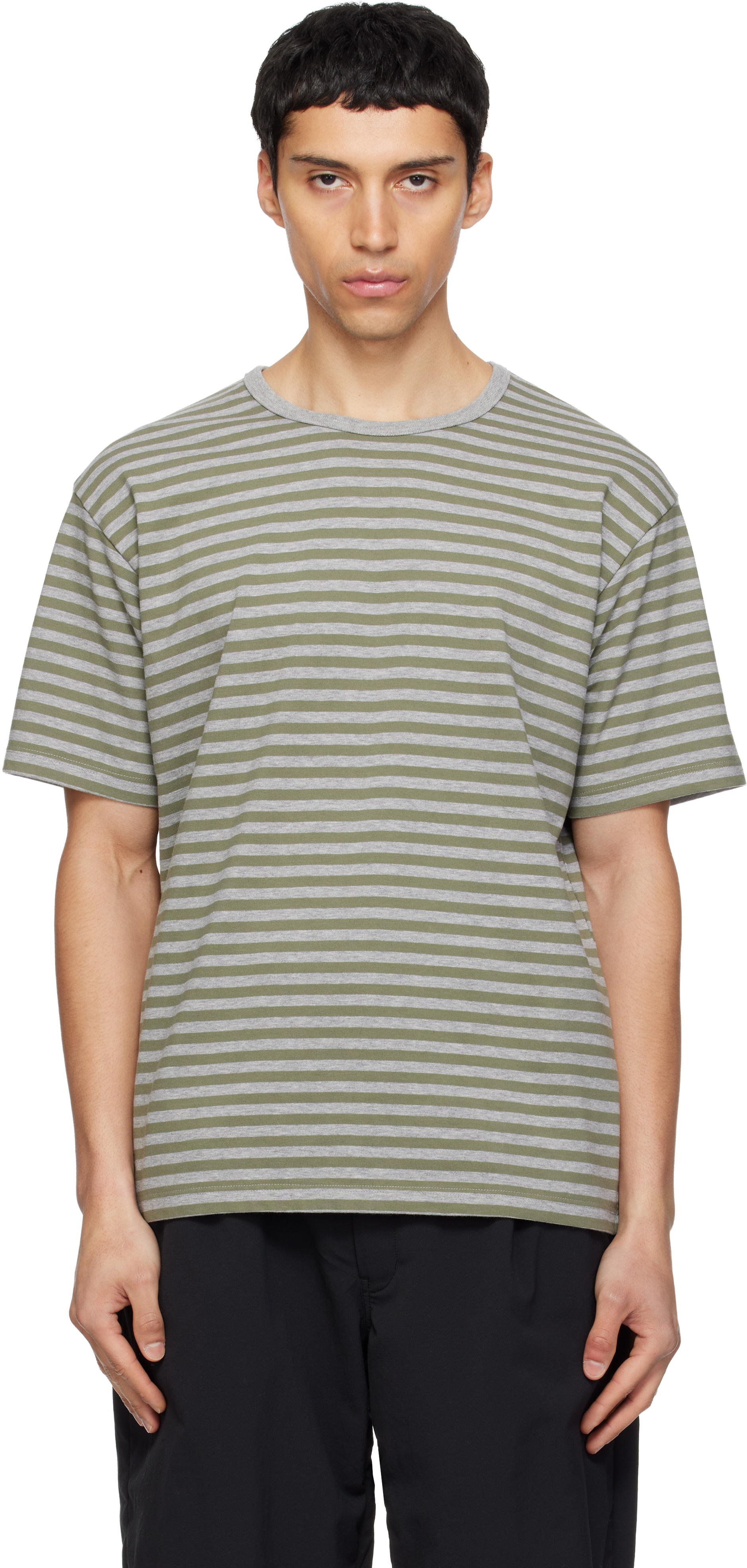 nanamica: Khaki & Gray COOLMAX Stripe Jersey T-shirt | SSENSE