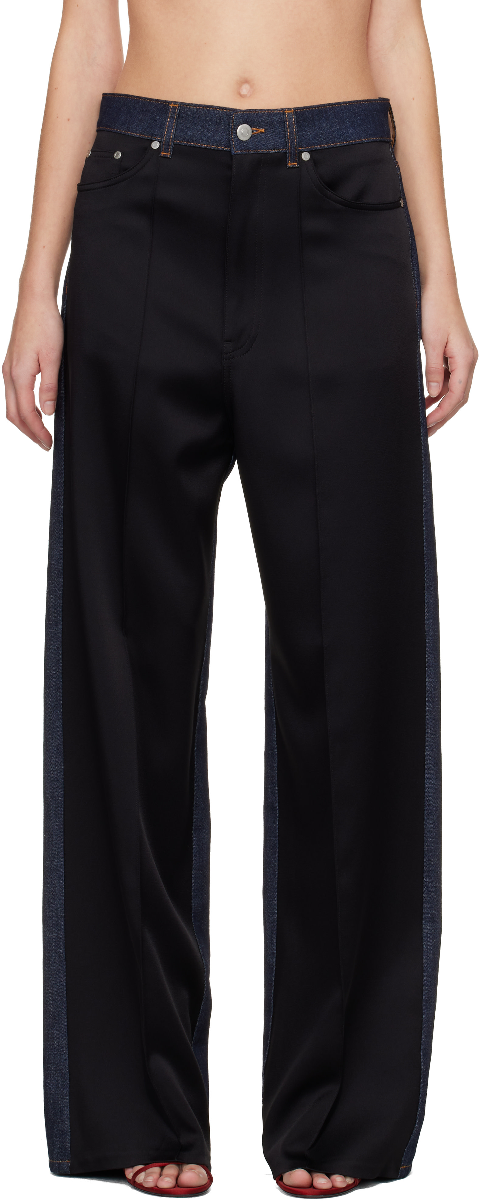 Stella McCartney: Navy & Black Wide-Leg Satin-Panel Jeans | SSENSE