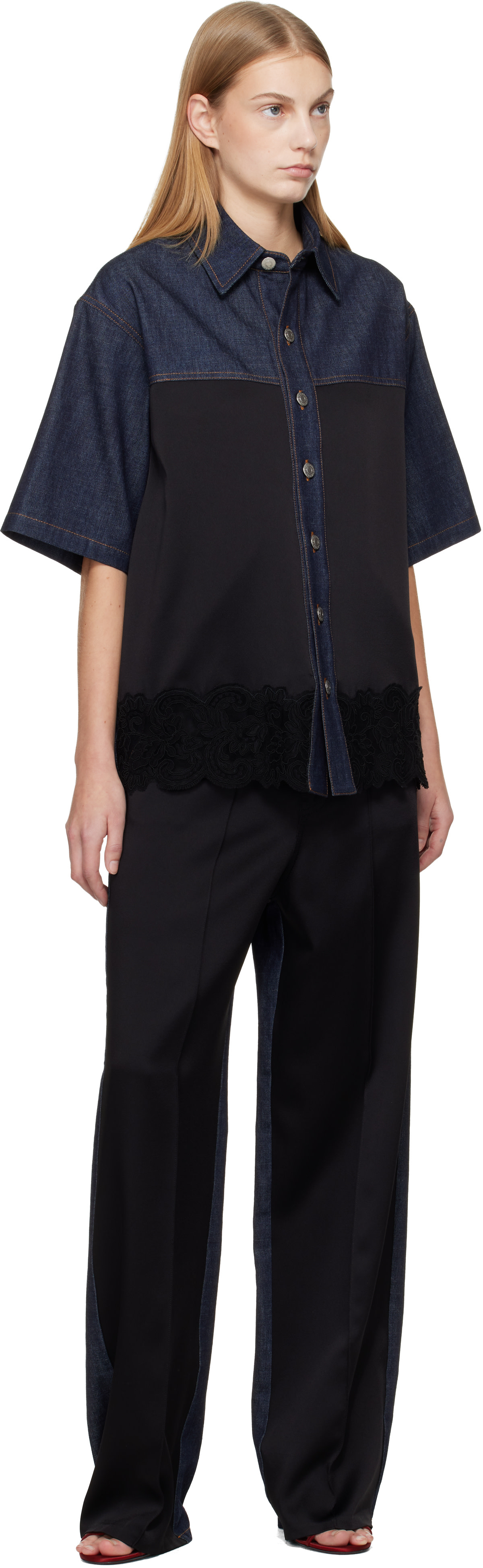 Stella McCartney: Navy & Black Wide-Leg Satin-Panel Jeans | SSENSE
