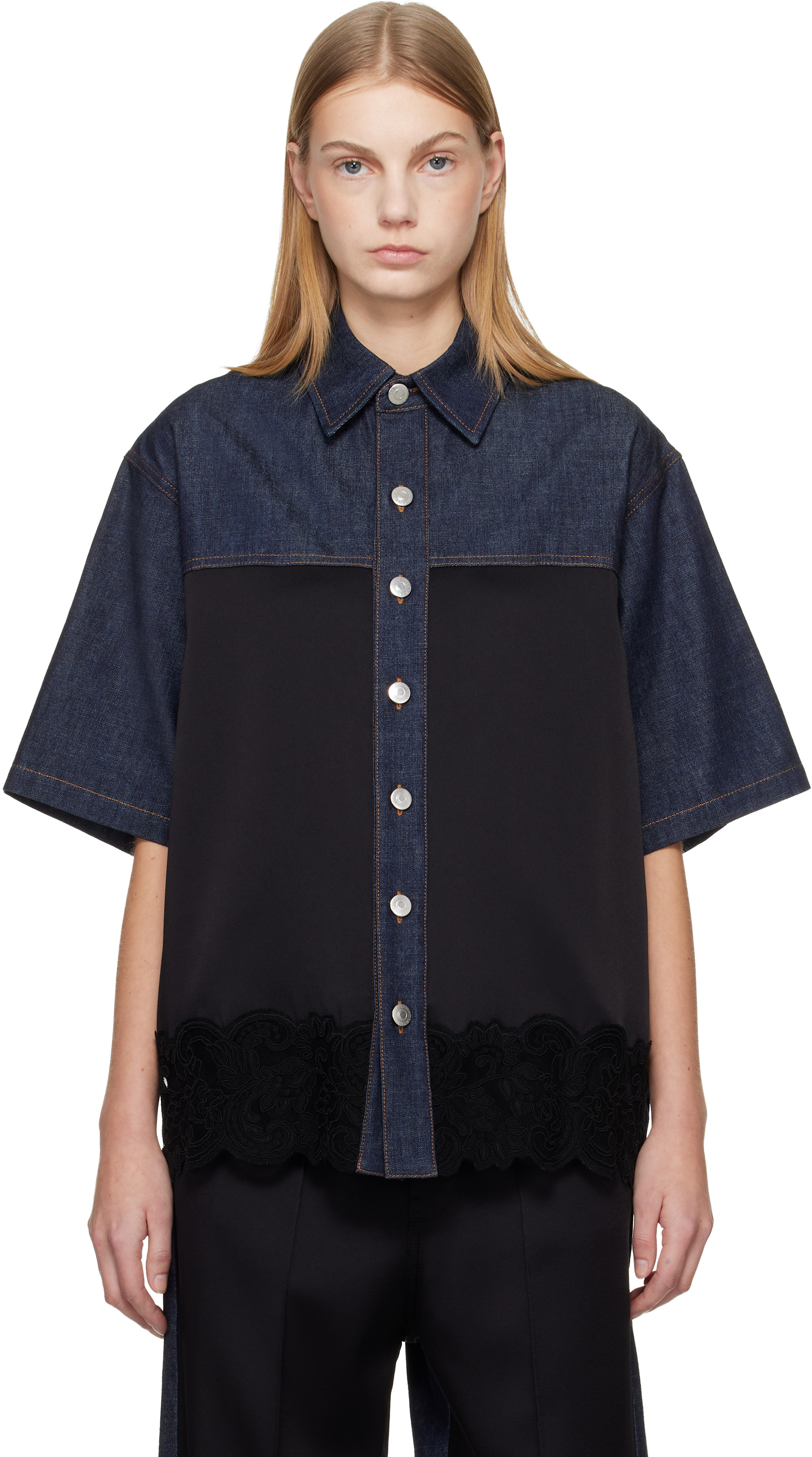 Stella McCartney: Navy & Black Satin Panel Short-Sleeve Denim