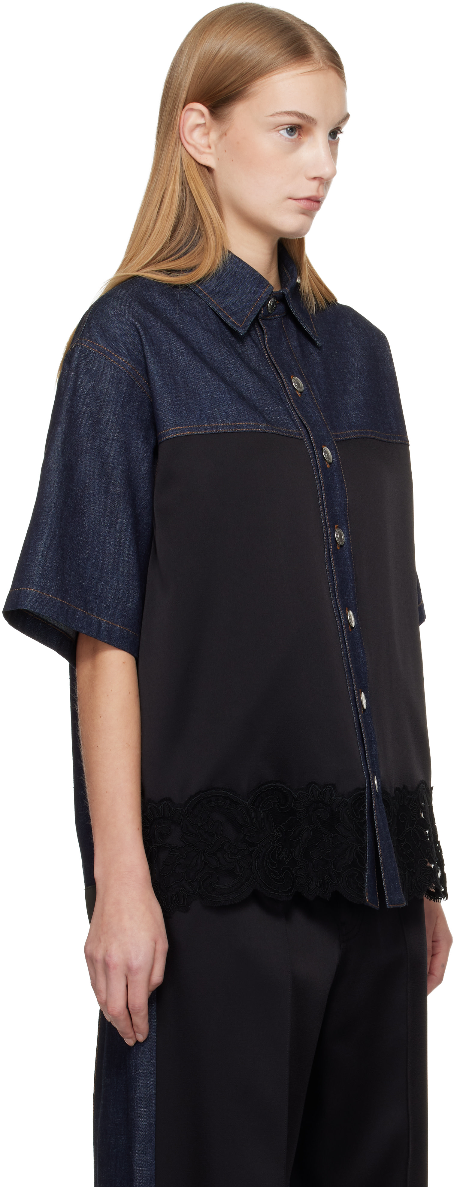 Stella McCartney: Navy & Black Satin Panel Short-Sleeve Denim