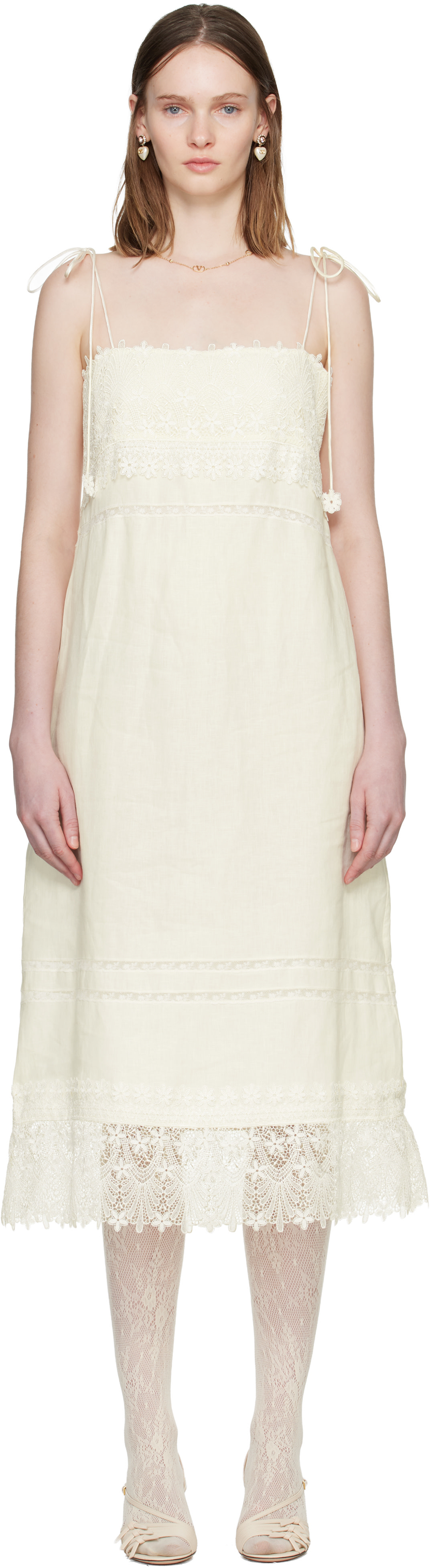 Valentino - Robe midi blanc cassé en lin