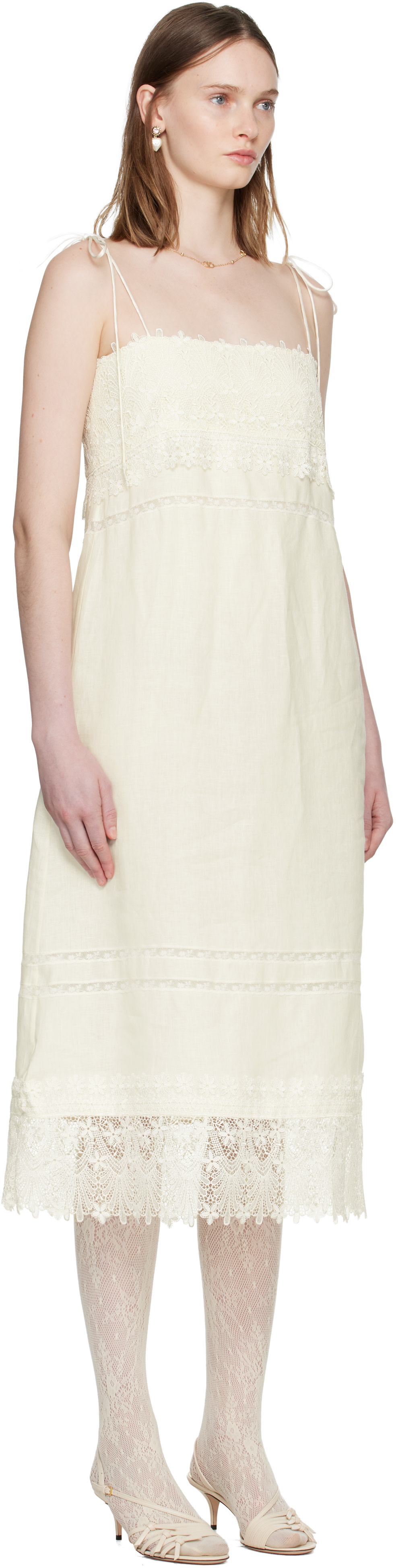 Valentino - Robe midi blanc cassé en lin