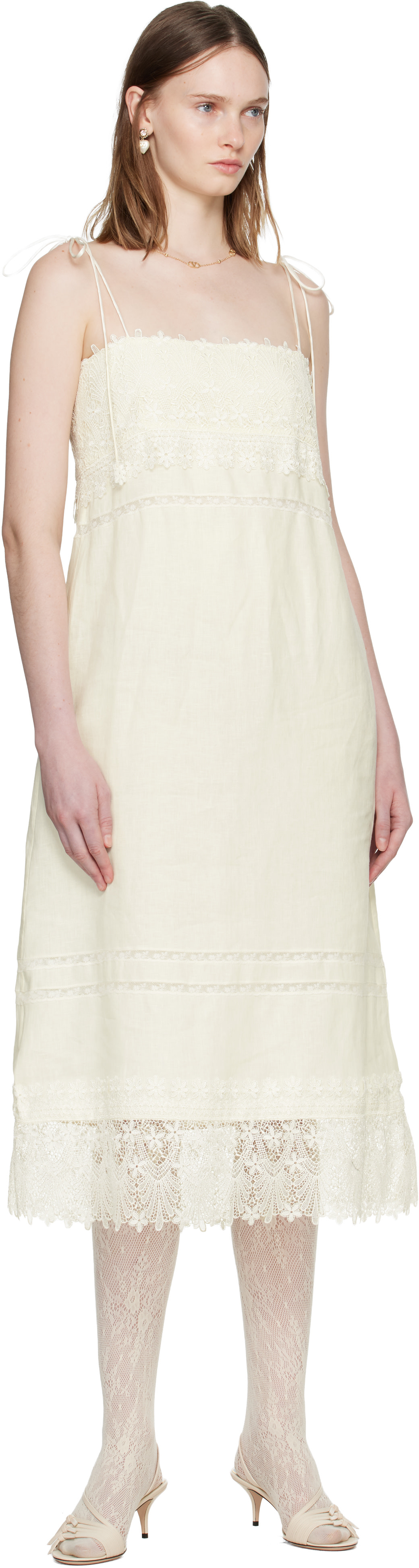 Valentino - Robe midi blanc cassé en lin