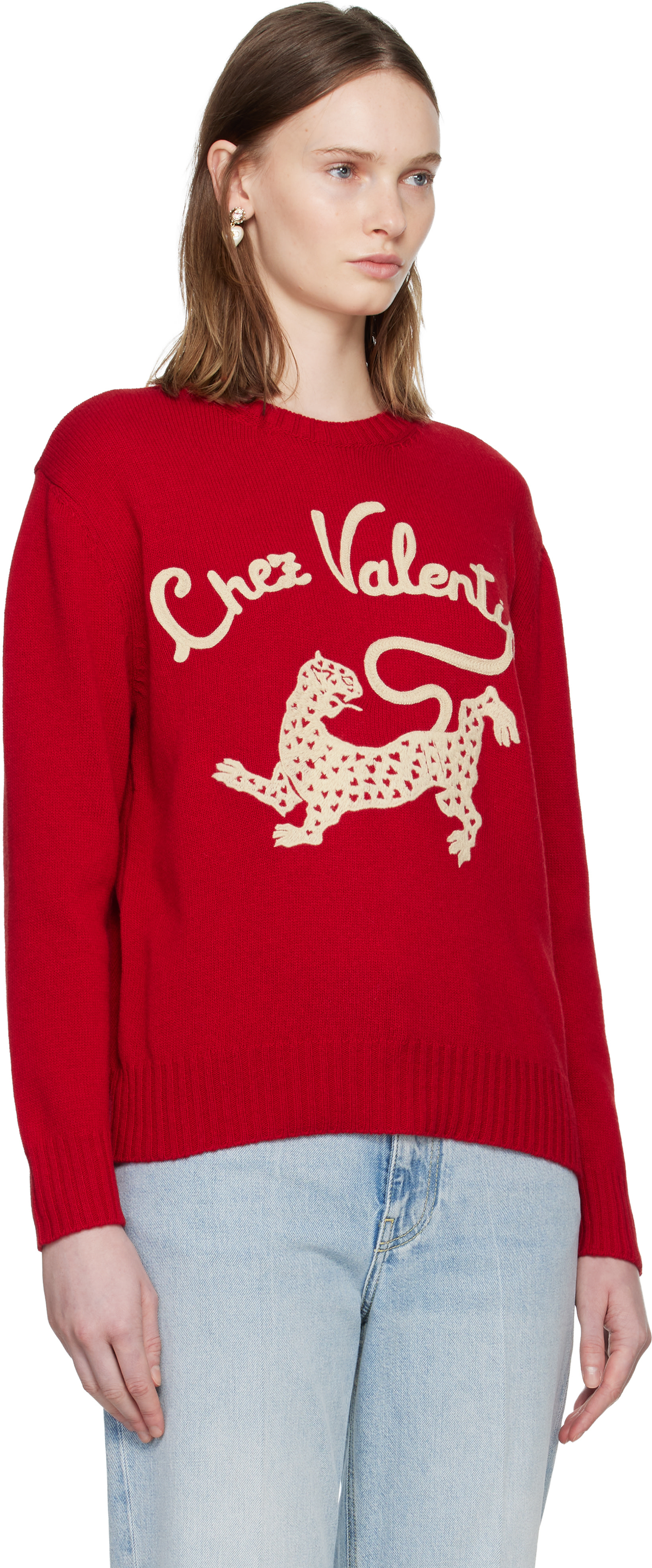 Valentino: Red Wool 'Chez Valentino' & Panther Embroidery Sweater