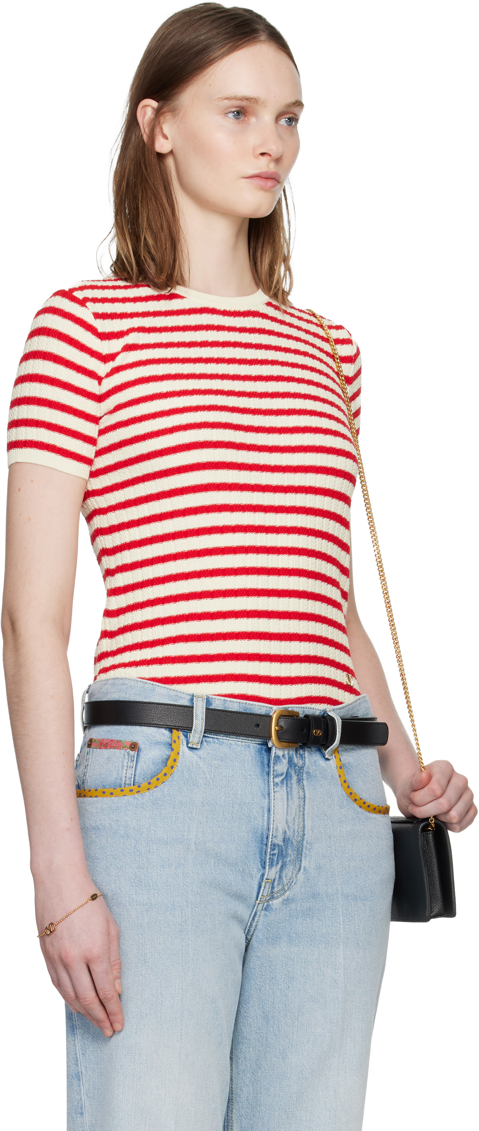 Valentino: Red & White Knit Stripe Short Sleeve Sweater | SSENSE